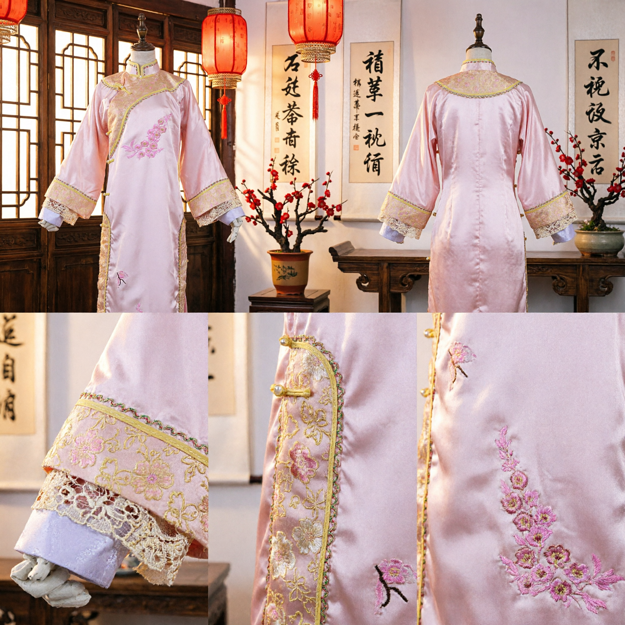 Vrouwen Roze Oude Chinese Kostuum Geborduurde Cheongsam Jurk voor Traditionele Bruiloften en Podiumoptreden - Asian Costume