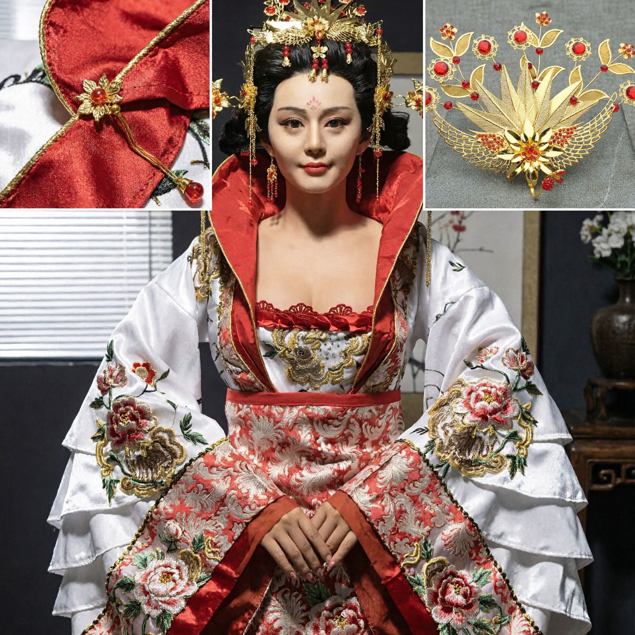 Tradycyjna Chińska Złota Korona Feniksa, Akcesorium do Włosów z Czerwonymi Klejnotami do Ślubnego Kostiumu Panny Młodej Hanfu - Asian Costume