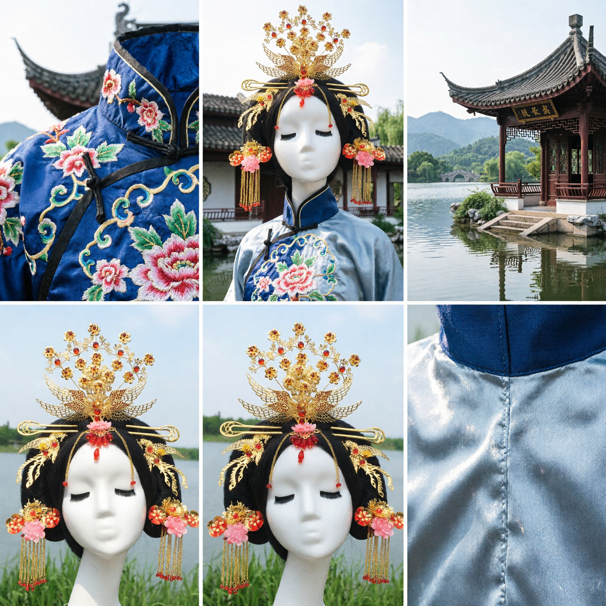 전통 중국 봉황 관 머리 장식 고대 신부 머리 장식 금색 꽃 머리핀 여성 한푸 코스프레 웨딩용 - Asian Costume