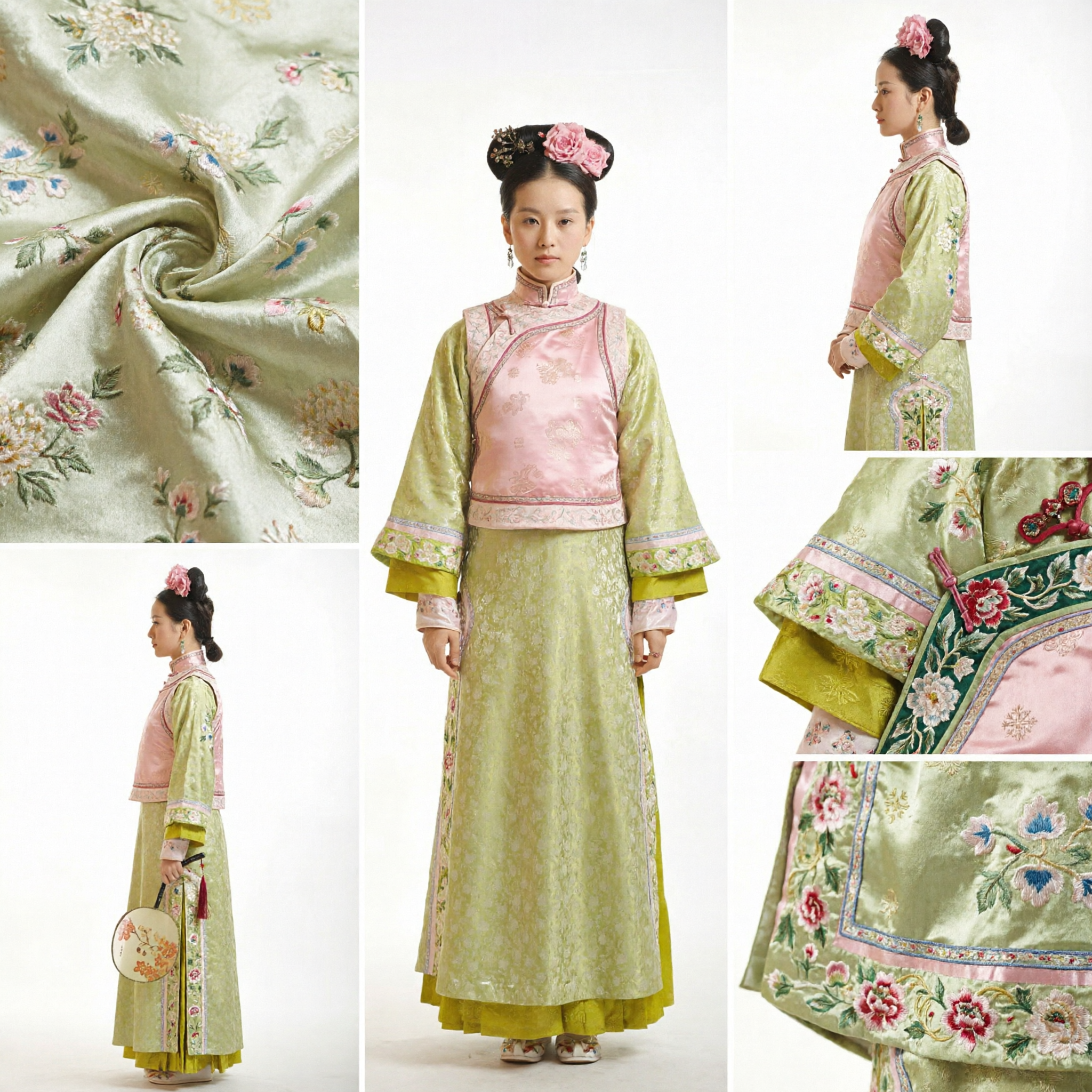 Traje de Princesa Manchú de la Dinastía Qing Tradicional China, Vestido de Dama del Palacio Verde y Rosa para Presentaciones en Escenario para Mujer - Asian Costume