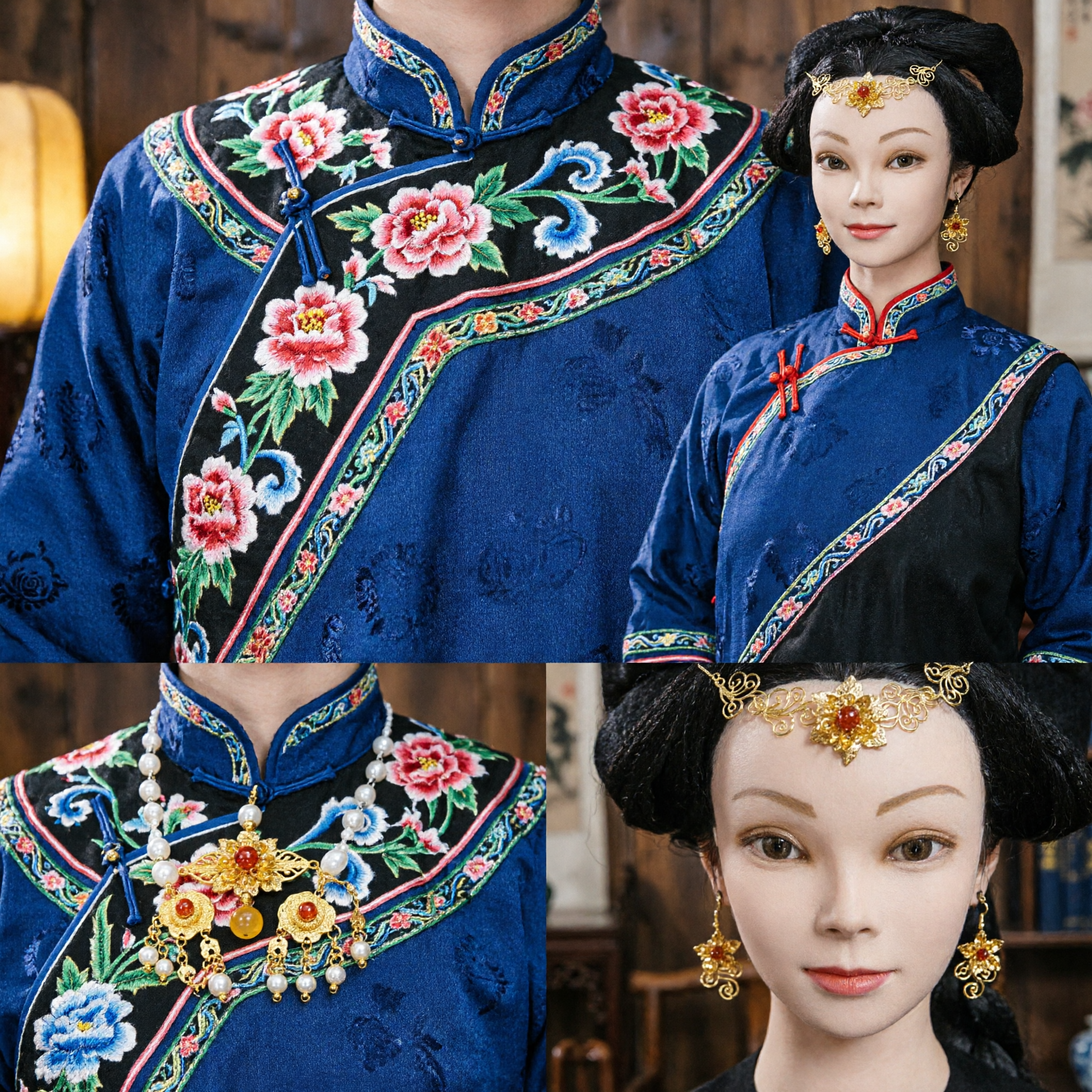 Accessoires Capillaires Hanfu Traditionnels Chinois Ensemble Chaîne Frontale et Boucles d'Oreilles Florales Dorées pour Cosplay de Costume Ancien - Asian Costume