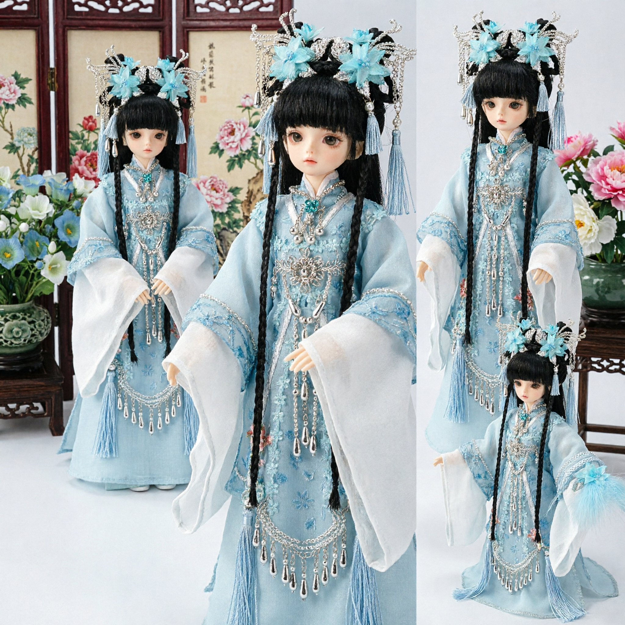 우아한 연청색 고대 중국 한푸 의상 BJD 스마트 인형 코스프레용 머리장식 포함 - Asian Costume