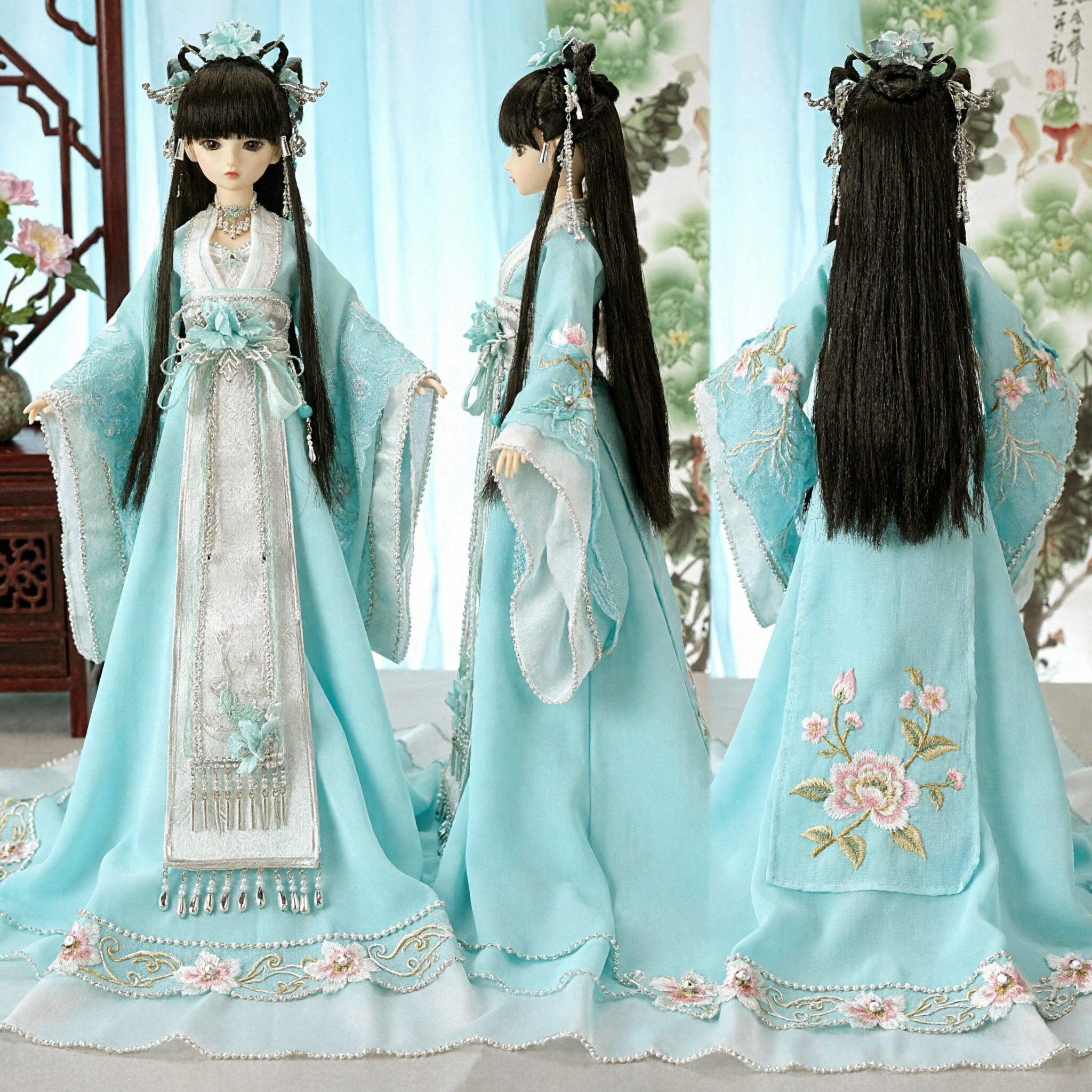 전통 중국 한푸 드레스 BJD 인형용 우아한 청색 고대 요정 의상 헤어 액세서리 포함 - Asian Costume