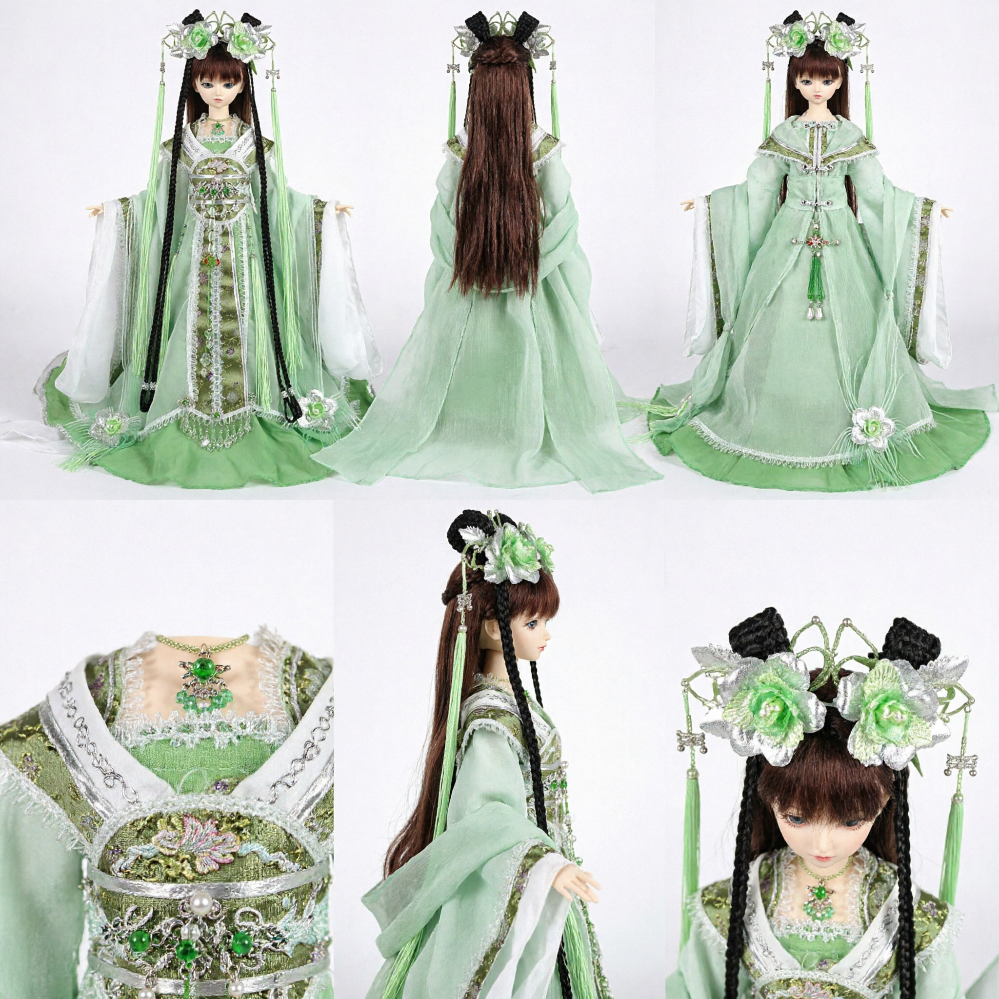 Traje Tradicional Hanfu Verde Chino para Muñecas, Vestido de Princesa del Palacio Antiguo con Conjunto de Tocado Ornamentado - Asian Costume