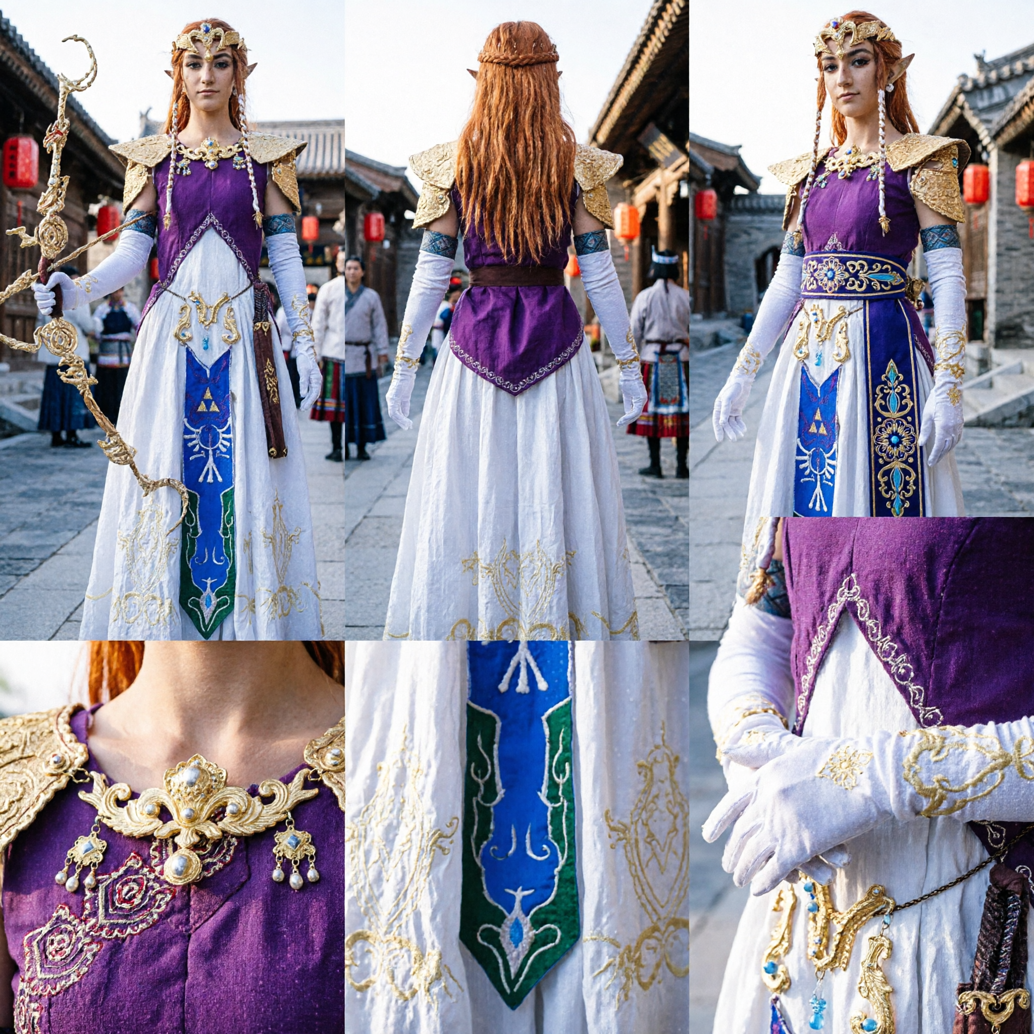 Costume de cosplay de princesse elfe fantastique pour femmes, robe violette et blanche avec armure dorée pour Halloween et fêtes - Asian Costume