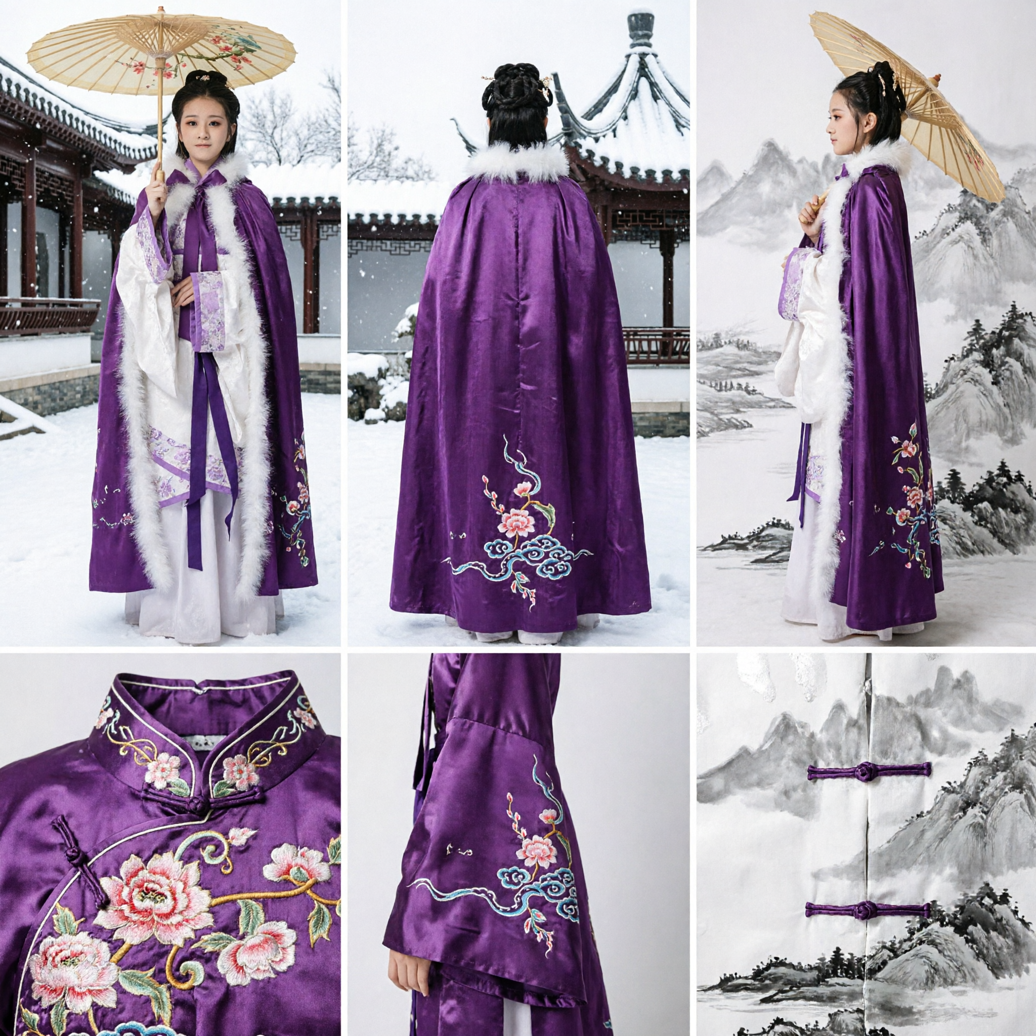 Manteau d'hiver Hanfu violet ancien chinois avec garniture en fourrure blanche, costume de cosplay traditionnel pour femmes - Asian Costume