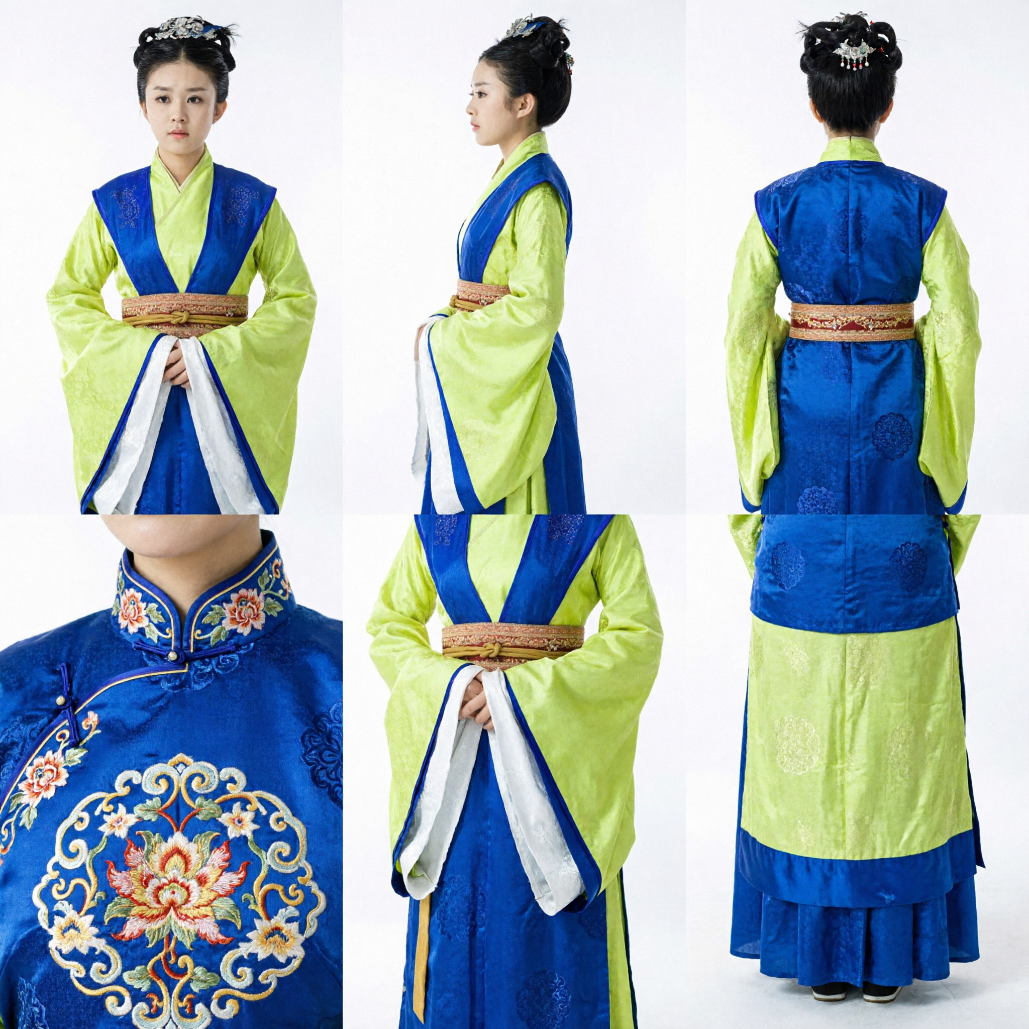 Vrouwen Antiek Chinese Hanfu-kostuum Traditioneel Limoengroen Gewaad Blauw Vest voor Historisch Drama Cosplay - Asian Costume