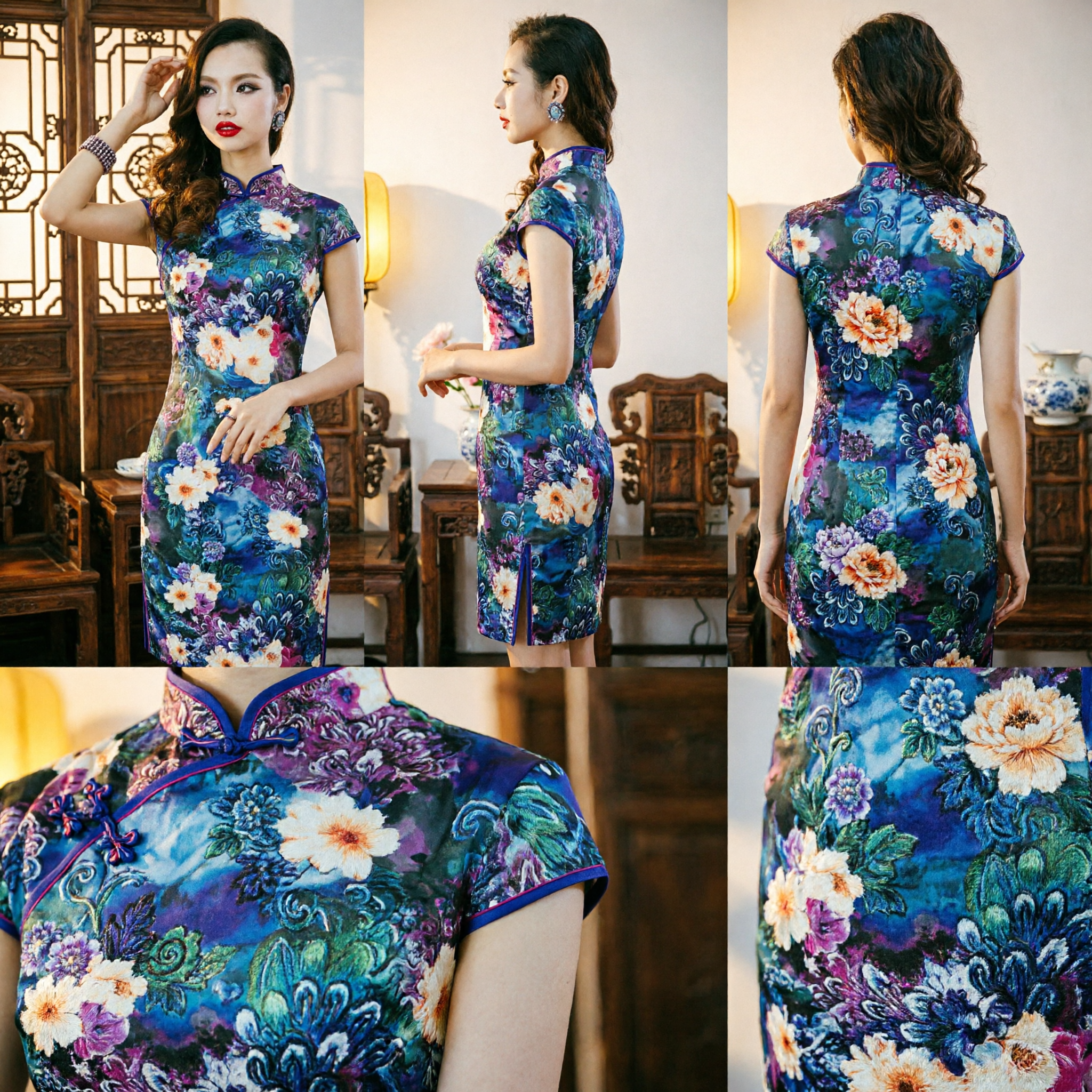 Élégante robe Cheongsam Qipao en soie avec imprimé floral pour femmes, robe courte de soirée traditionnelle chinoise pour fêtes - Asian Costume