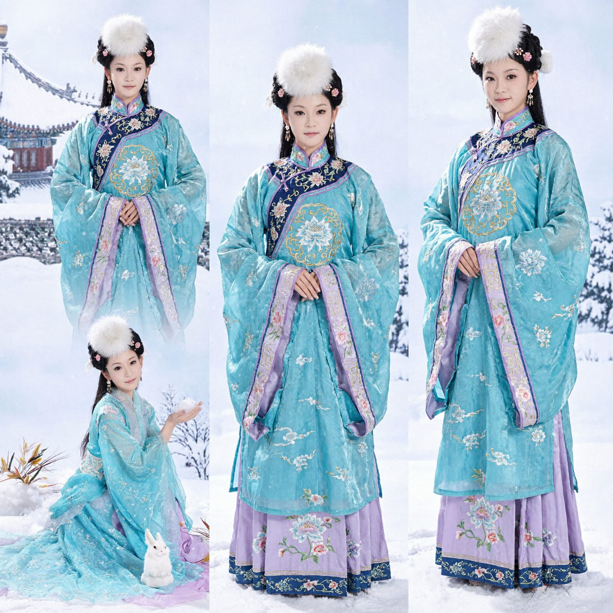 Traje de Invierno Hanfu Tradicional Chino Azul, Vestido de Princesa Hada Antigua Bordado para Presentaciones de Mujer - Asian Costume