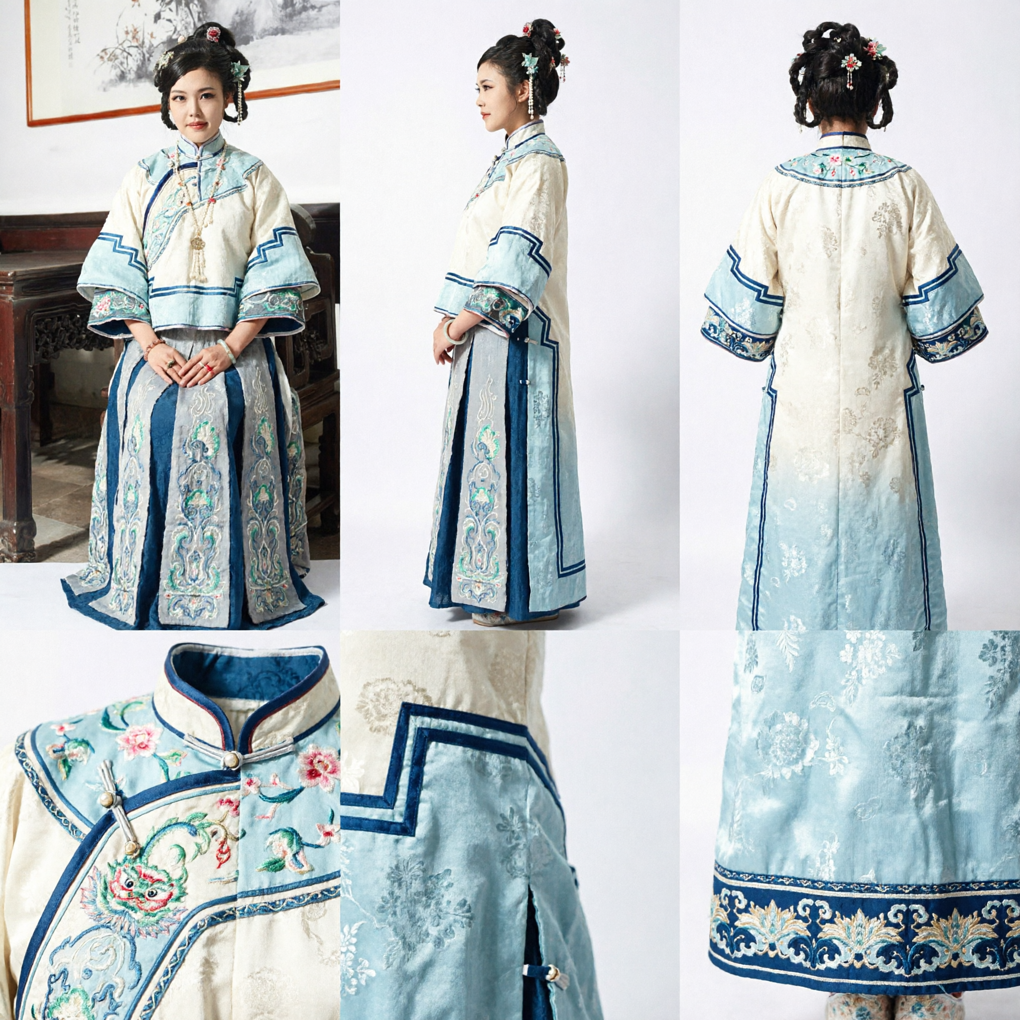Traditional Chinese Qing Dynasty Noblewoman Costume Embroidered Blue Jacket and Skirt Set for Women - Asian Costume