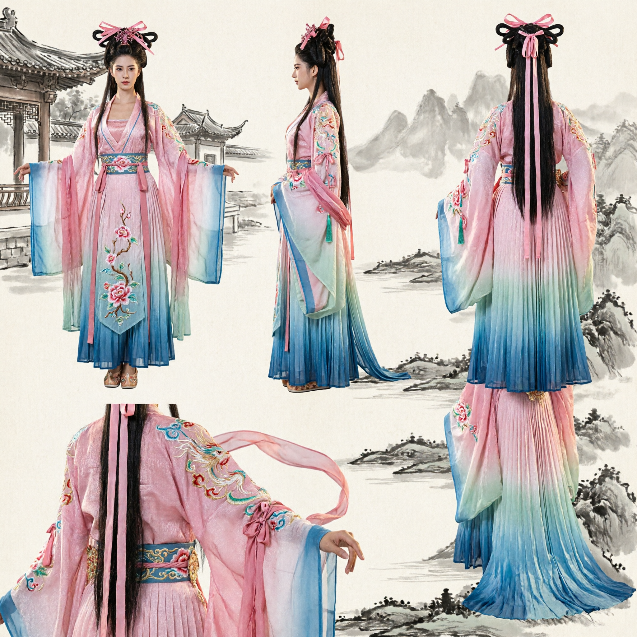 Różowy starożytny chiński strój Hanfu Latającej Apsary dla kobiet, tradycyjna suknia do tańca wróżek z Dunhuang - Asian Costume