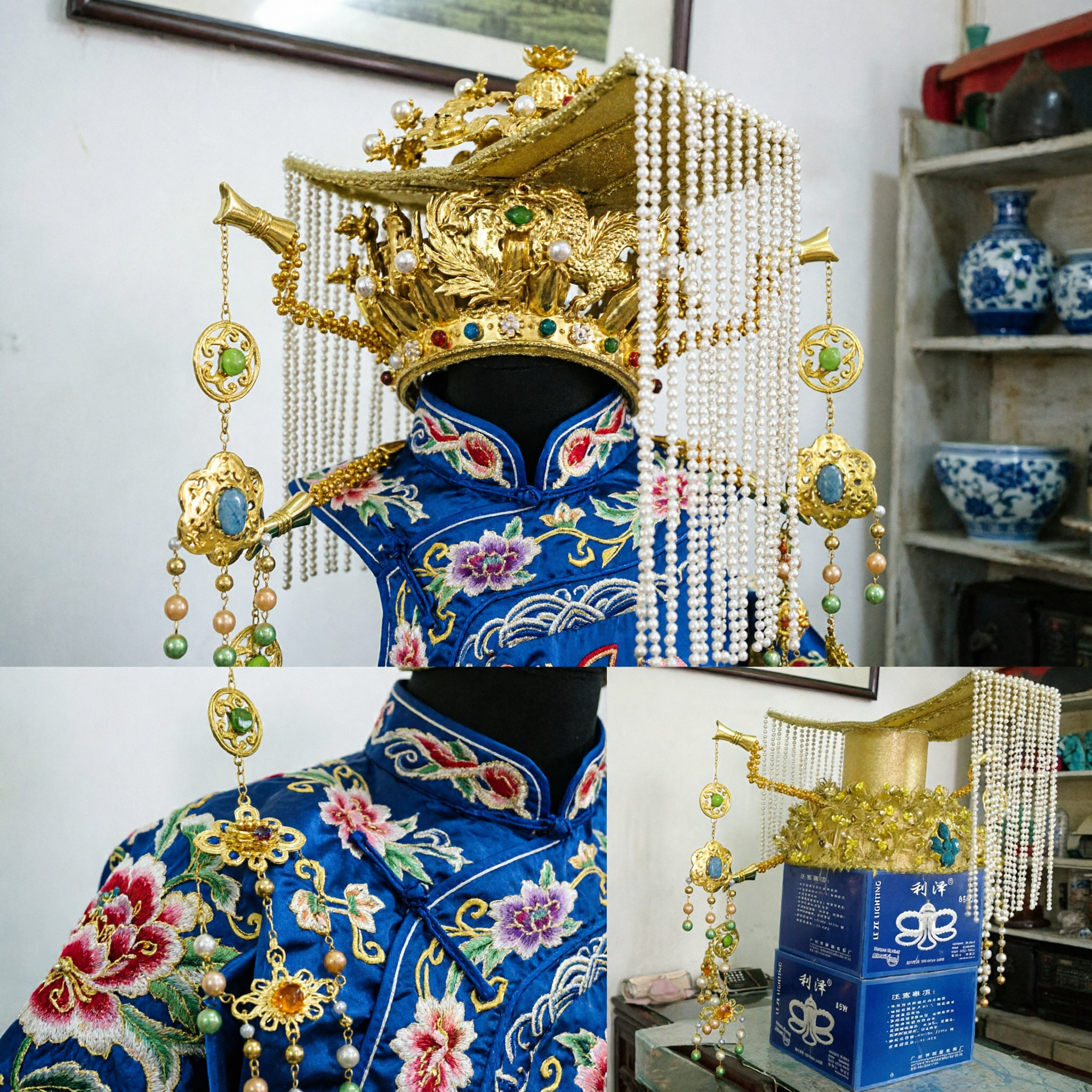 Couronne d'empereur traditionnelle chinoise - Coiffe impériale Mian Guan dorée avec franges de perles pour cosplay Hanfu et spectacle sur scène - Asian Costume