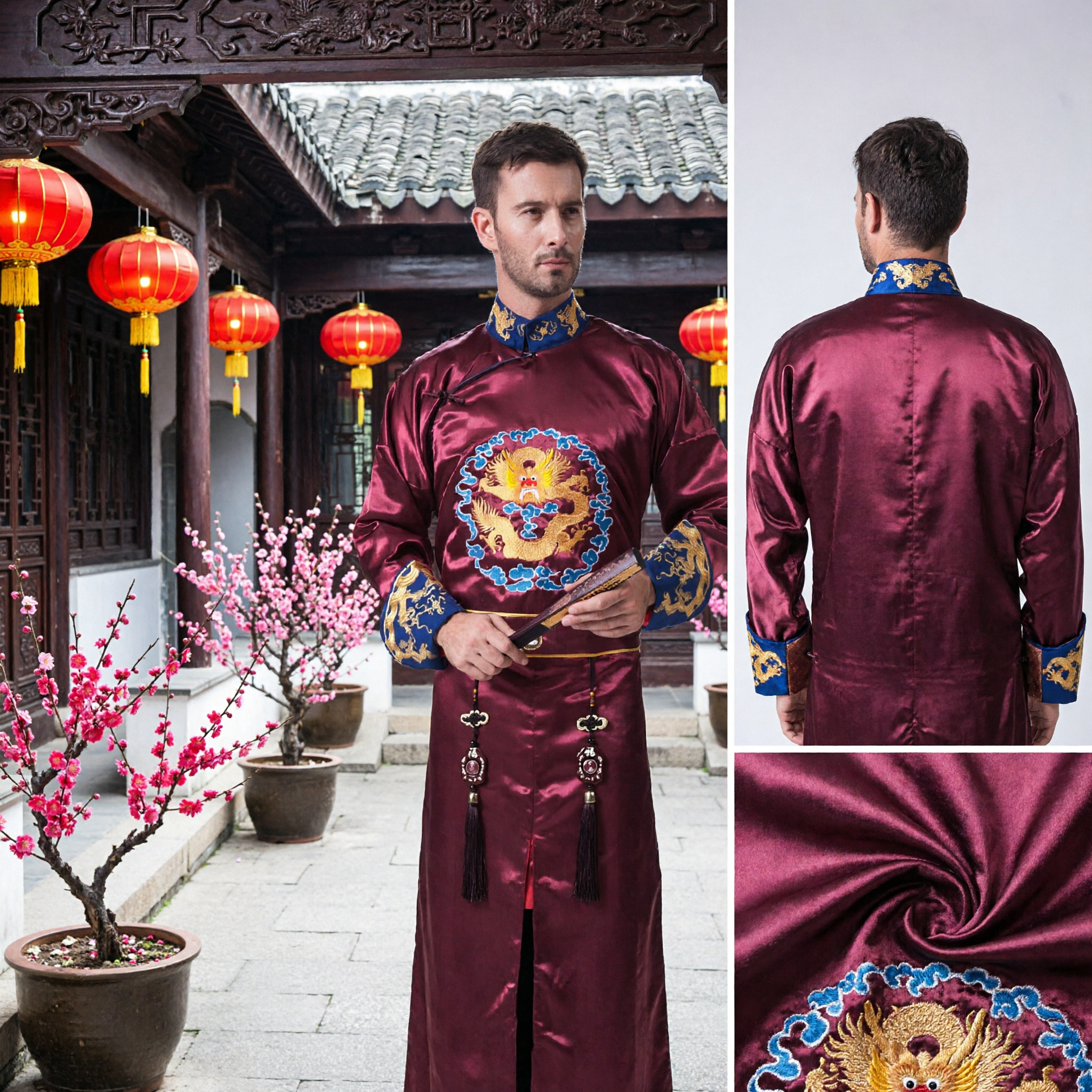 Costume Tang pour hommes traditionnel chinois - Broderie dragon bordeaux sur satin - Col mandarin pour mariage, marié et spectacle - Asian Costume