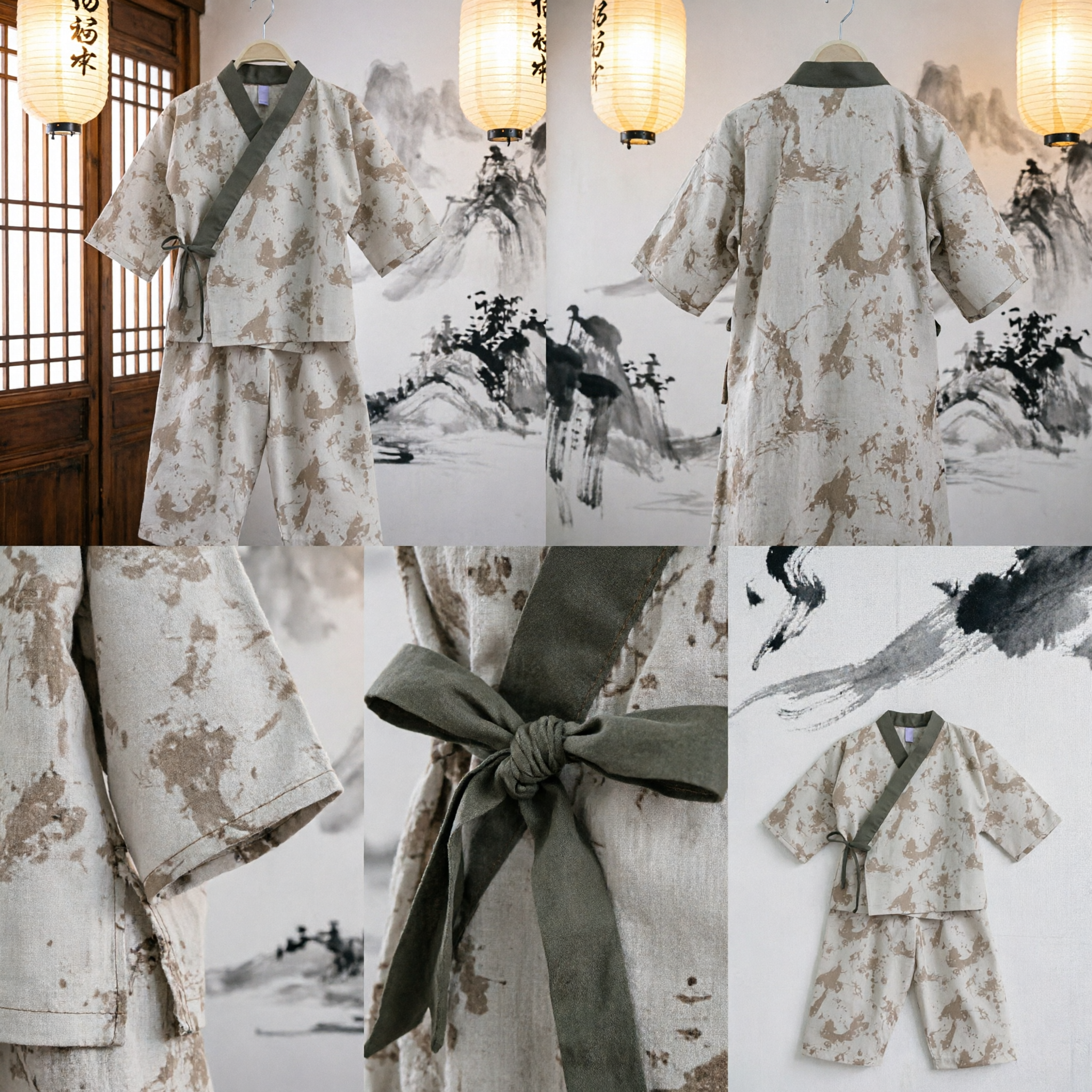 Ensemble de vêtements de détente Jinbei en coton lin unisexe traditionnel chinois - Pyjamas vintage imprimé carte pour été - Asian Costume