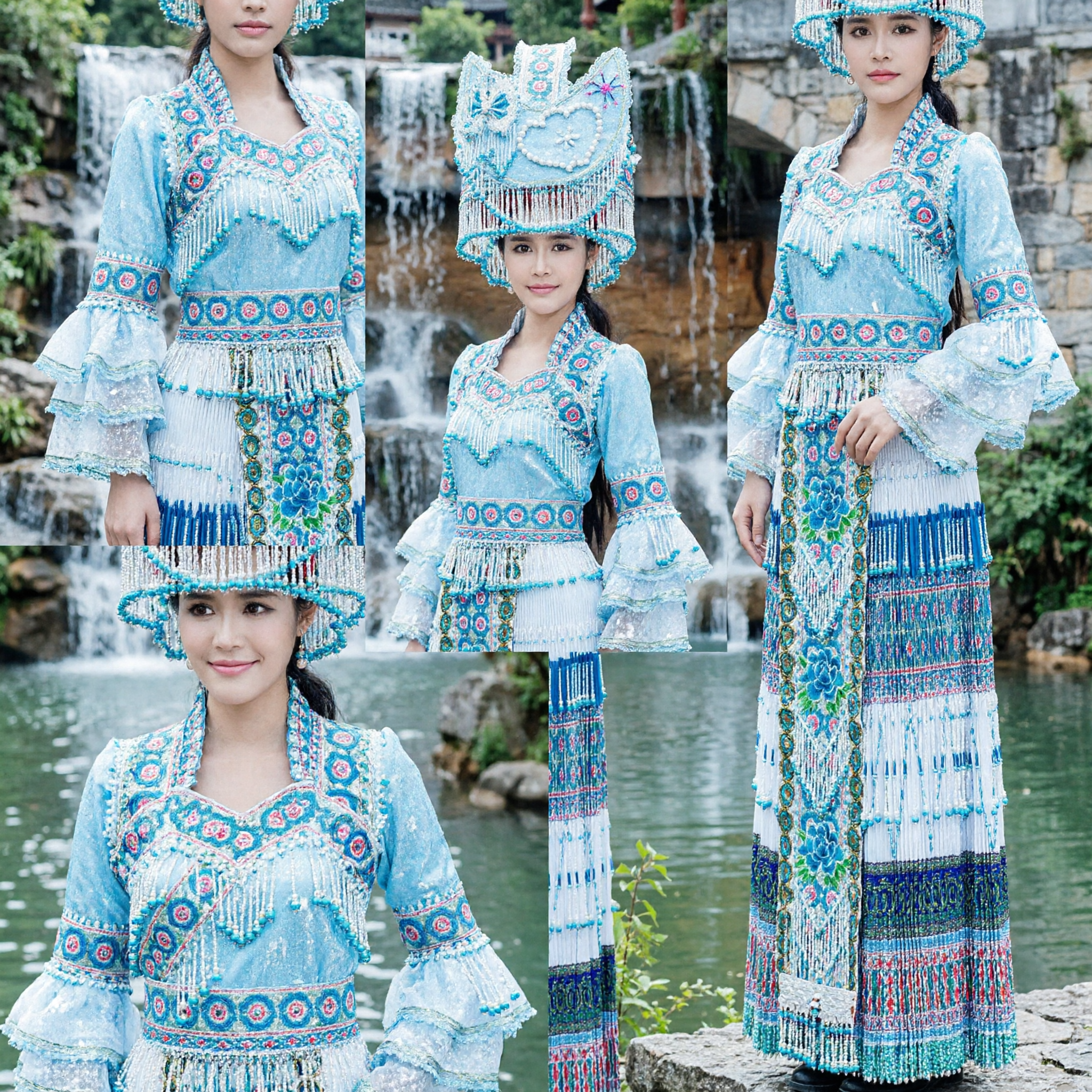 Costume ethnique Miao chinois traditionnel - Robe de danse folklorique bleue pour femmes avec coiffe pour les performances sur scène - Asian Costume