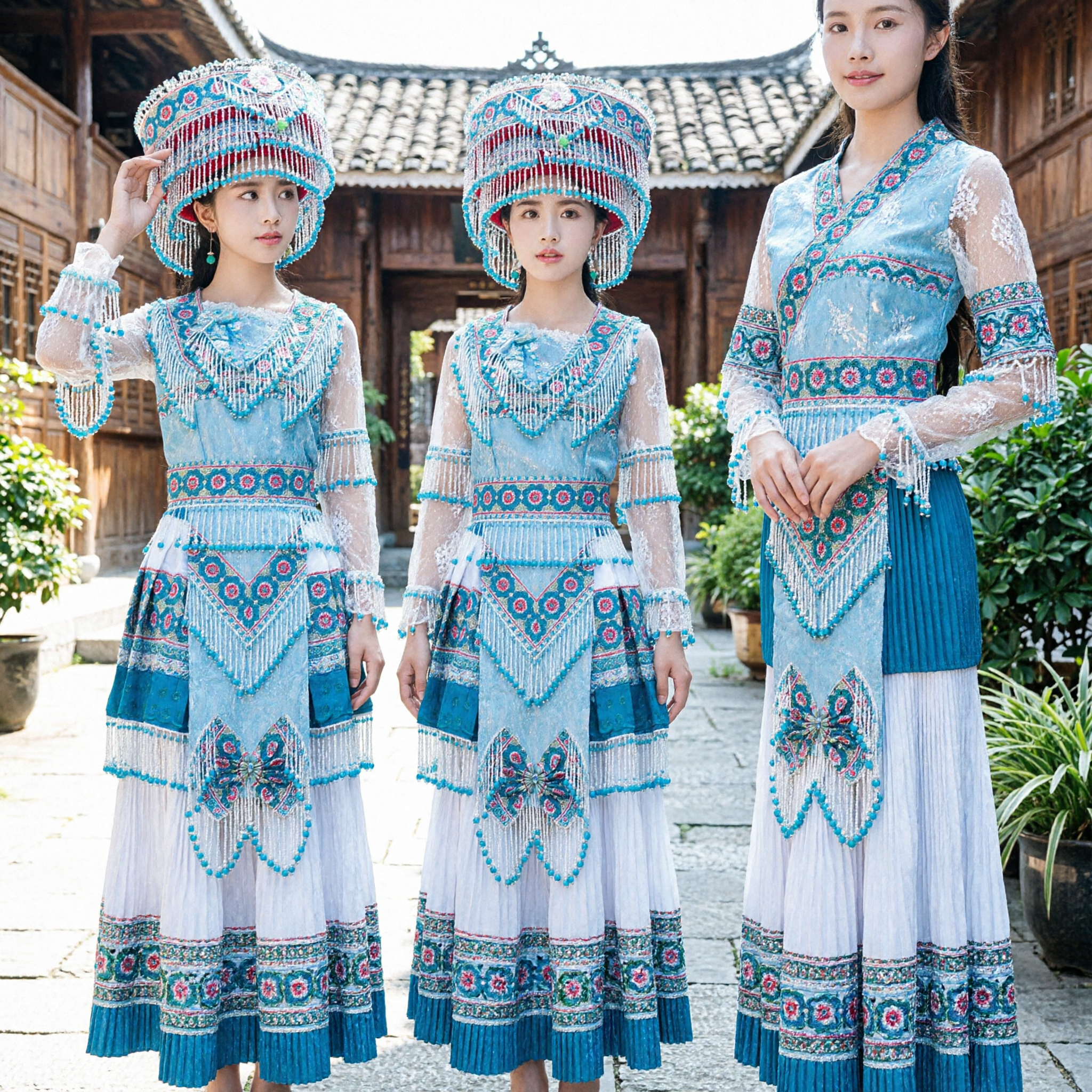 Traje Tradicional de Minoria Étnica Chinesa Conjunto de Vestido Azul Bordado com Franjas e Adorno de Cabeça para Performance de Dança Folclórica e Casamento - Asian Costume