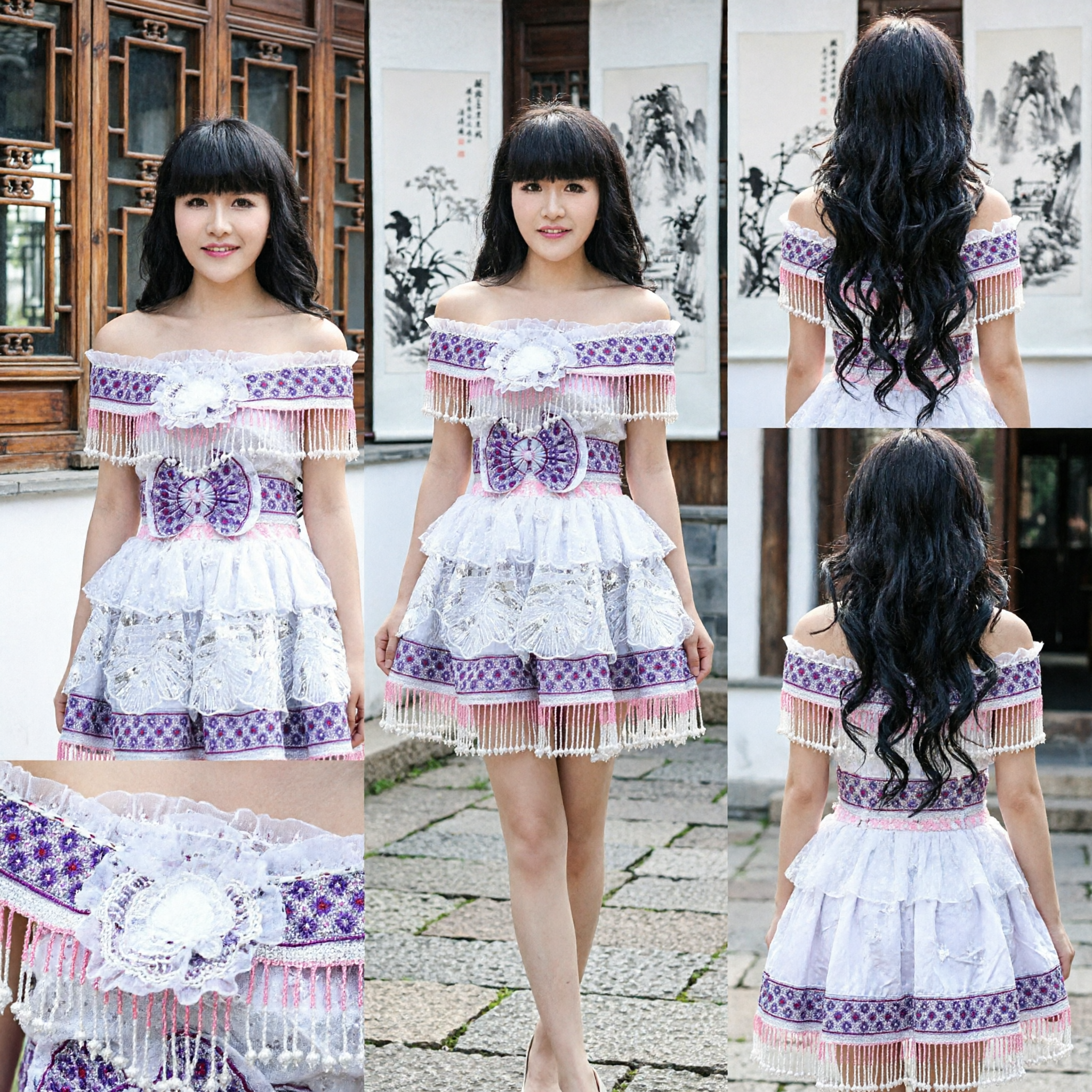 Традиционный костюм китайского народа Мяо, белое платье-офф-шолдер с цветной вышивкой и бахромой для танцевальных выступлений - Asian Costume