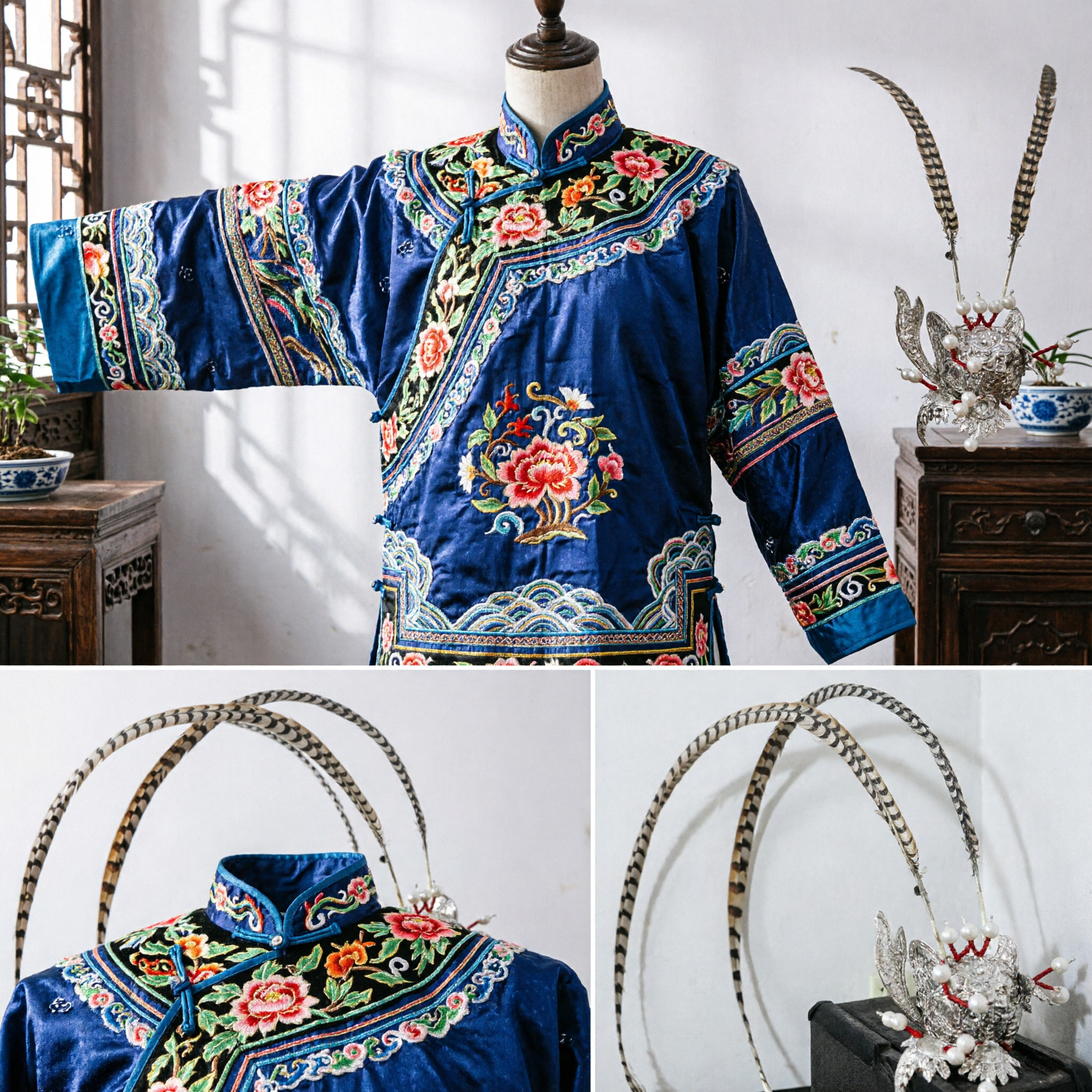 Coiffe à plumes de faisan de l'opéra chinois traditionnel - Épingle à cheveux Long Lingzi pour les costumes de scène de l'opéra de Pékin - Asian Costume