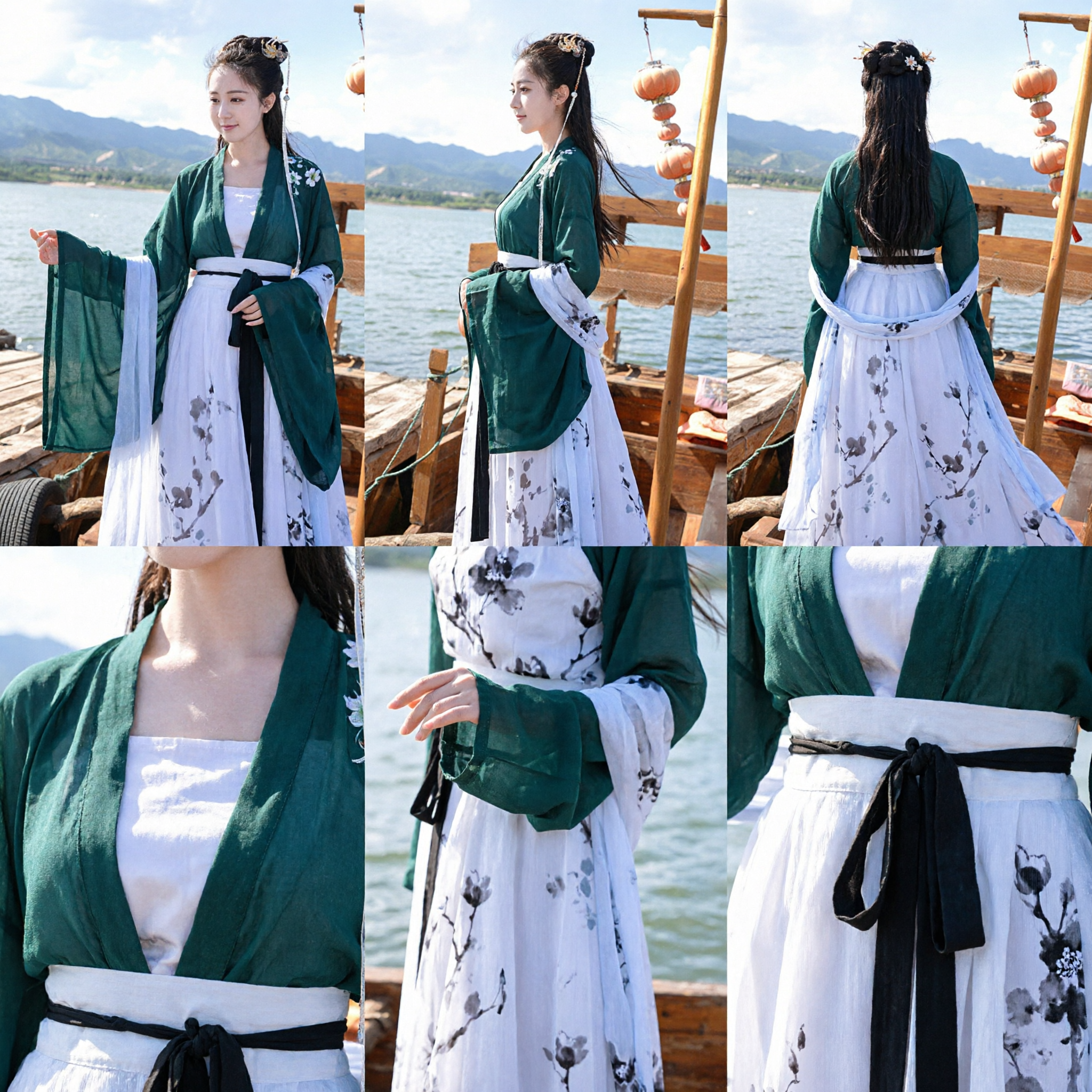 Costume Hanfu Traditionnel Chinois - Robe de Fée Ancienne Haut Vert et Jupe Blanche à Imprimé Fleur de Prunier pour Femmes - Asian Costume