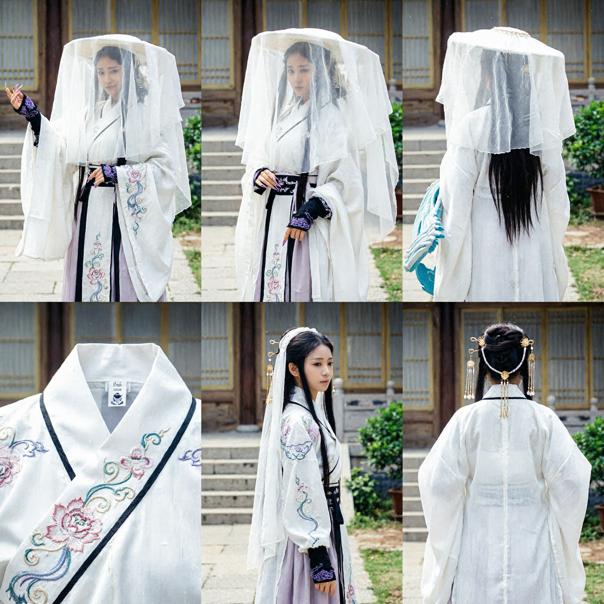 Ancient Chinese Wuxia Heroine Costume White Hanfu Robe with Veiled Bamboo Hat for Women Cosplay - Asian Costume