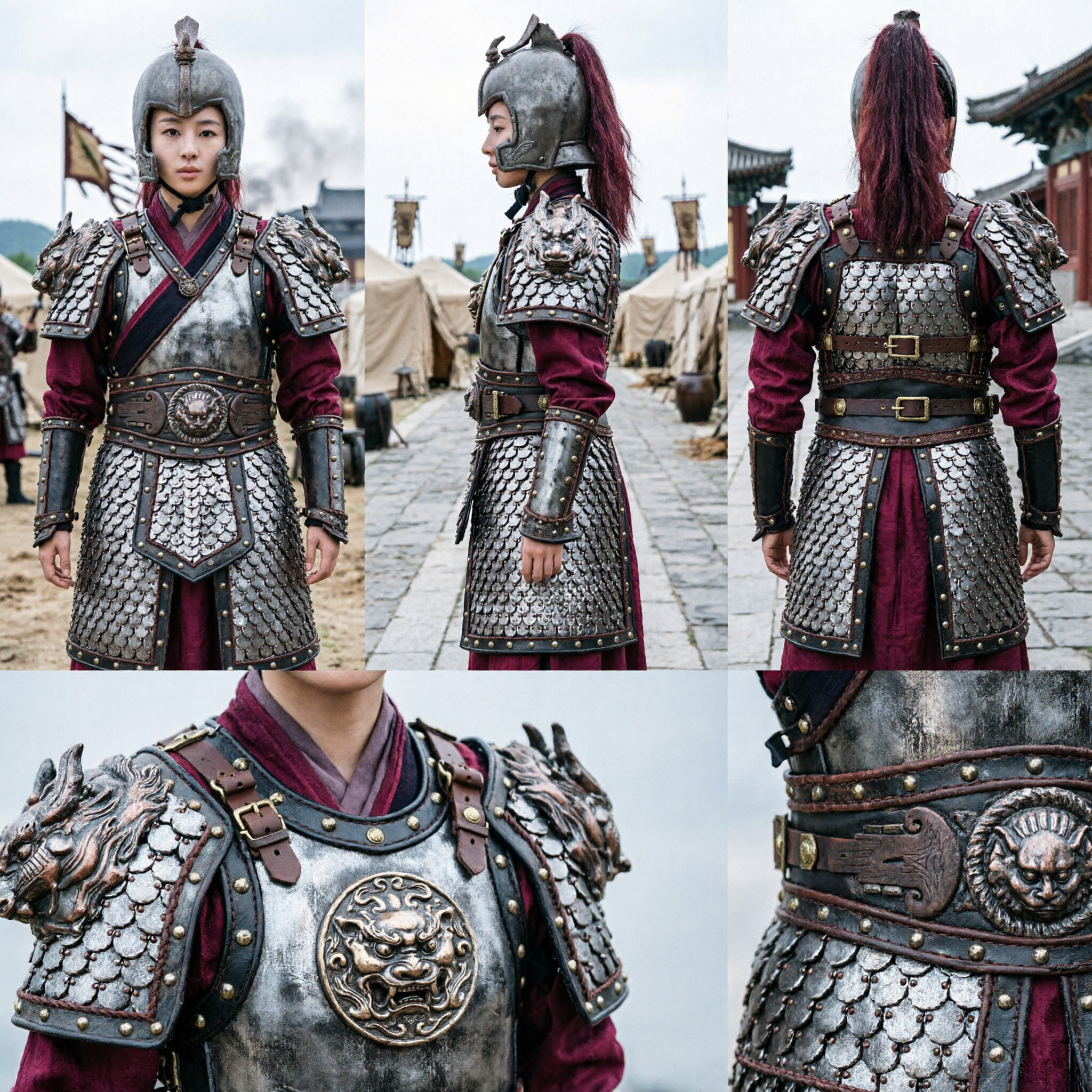 伝統的中国古代将軍鎧 女性用木蘭戦士漢服コスプレ衣装セット 龍の兜付き - Asian Costume