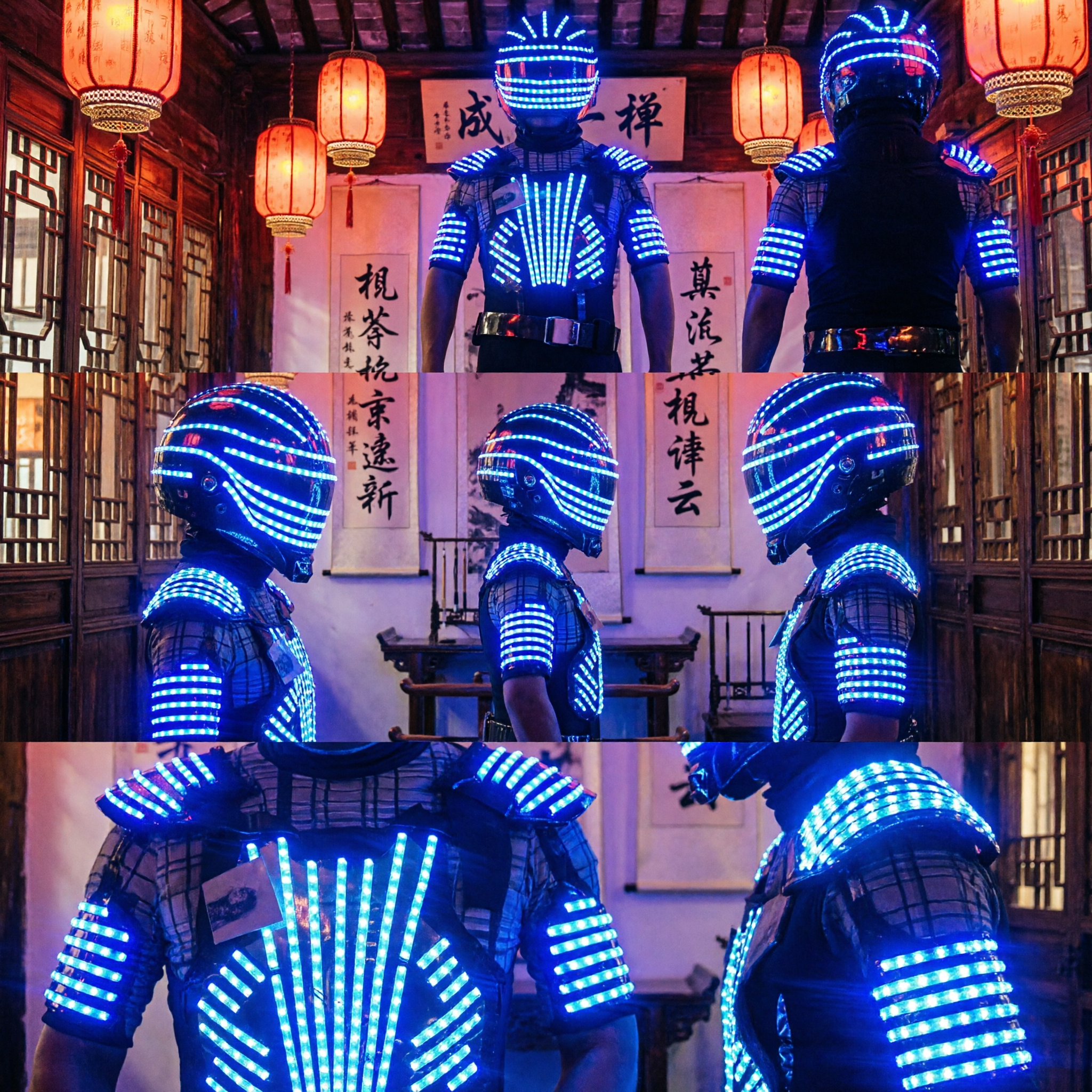 Costume da Robot Futuristico Blu con Luci LED e Maschera per Spettacoli sul Palco e Feste Dance - Asian Costume