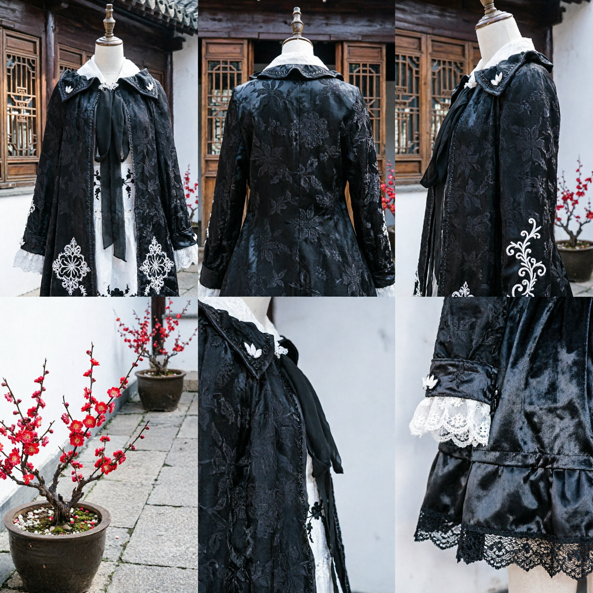 Cape Hanfu chinoise traditionnelle en brocart noir avec broderie d'oiseau blanc pour cosplay et reconstitution historique - Asian Costume