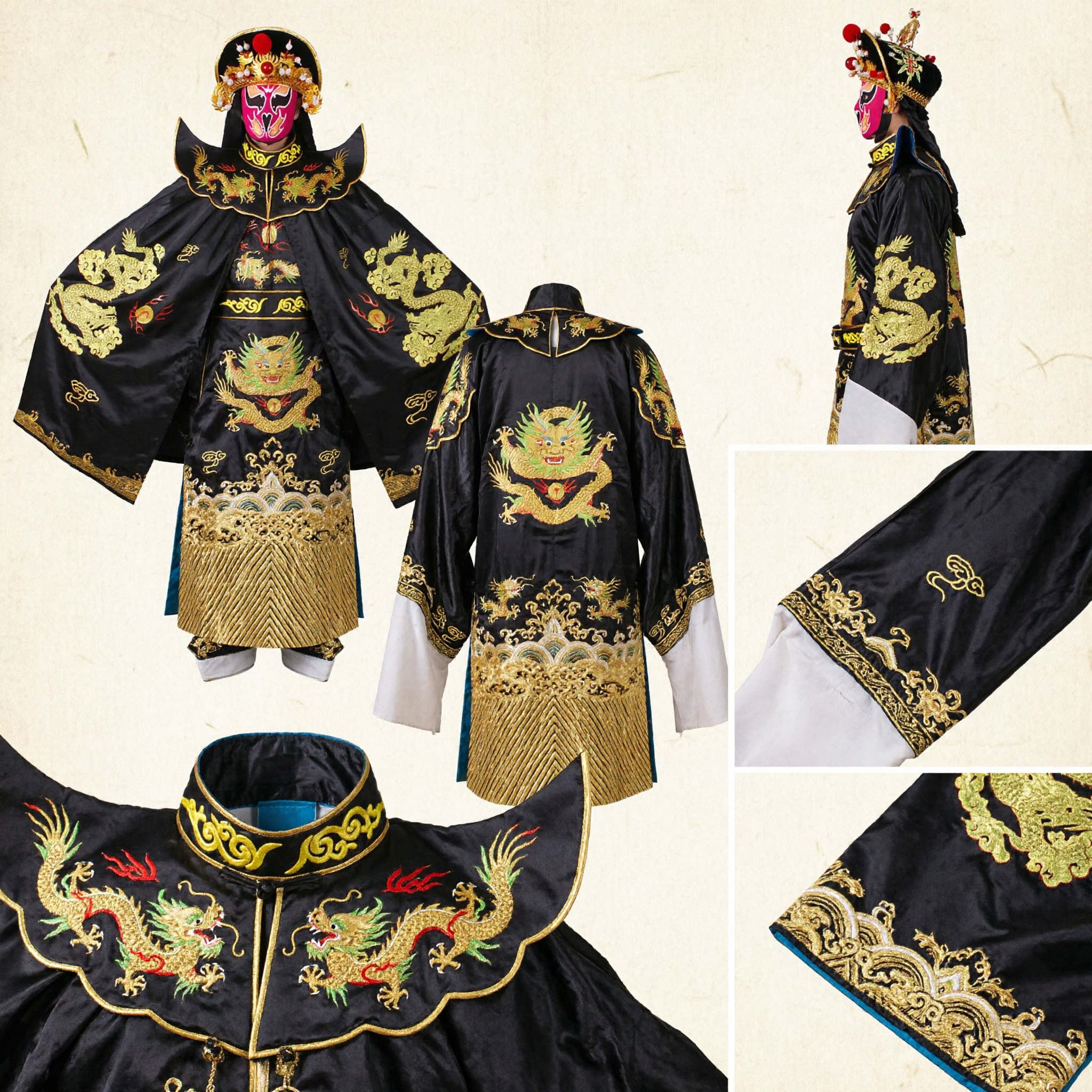 Costume da Generale dell'Opera Tradizionale Cinese per Uomini Tunica del Drago Nero con Maschera per Spettacoli di Cambio Faccia del Sichuan - Asian Costume