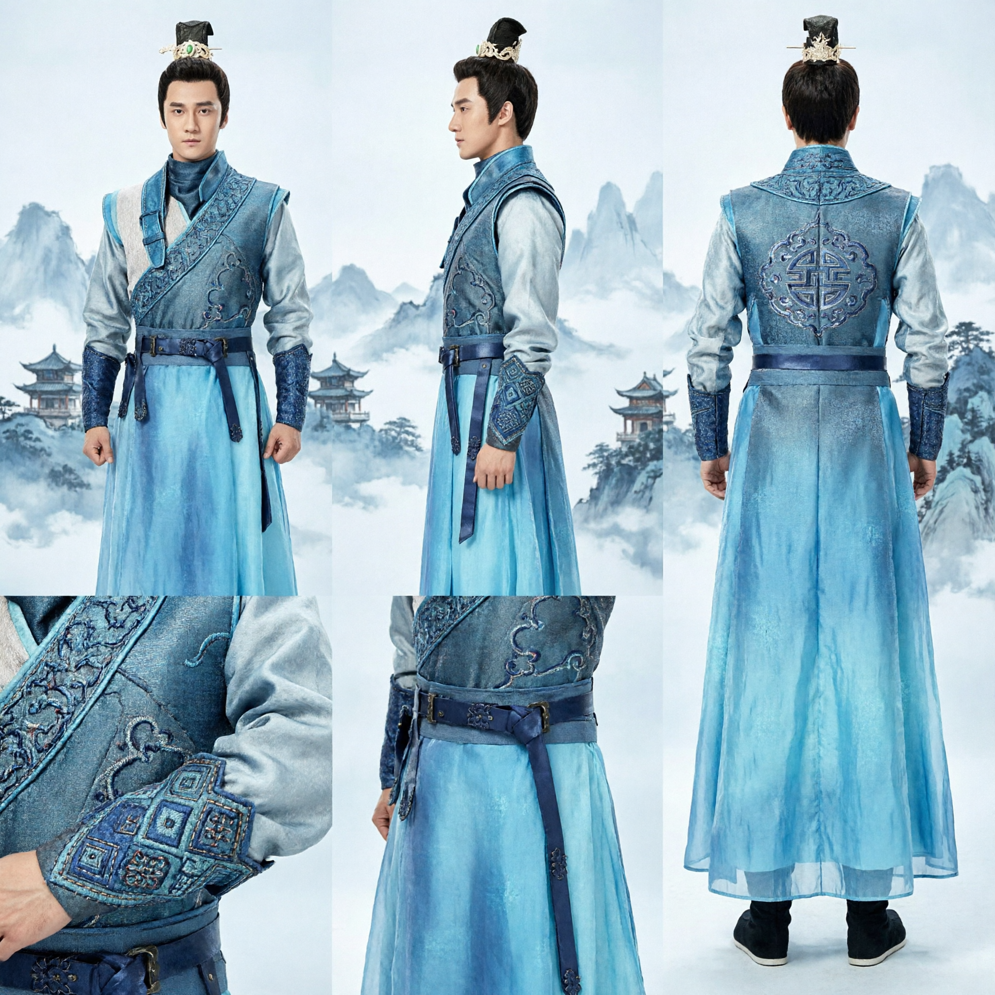 Traje de Hanfu Azul Chinês Antigo para Homens Robe Tradicional de Espadachim Nobre para Cosplay - Asian Costume