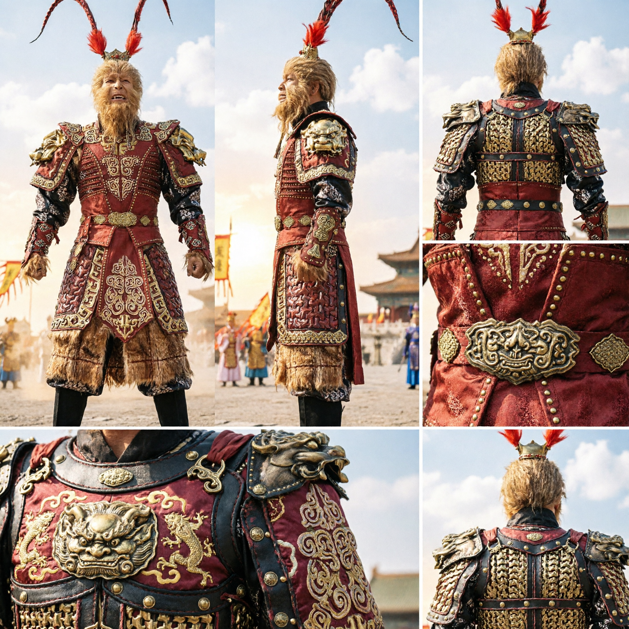 전통 중국 손오공 코스프레 의상 빨강 금색 갑옷 남성 성인 공연용 - Asian Costume