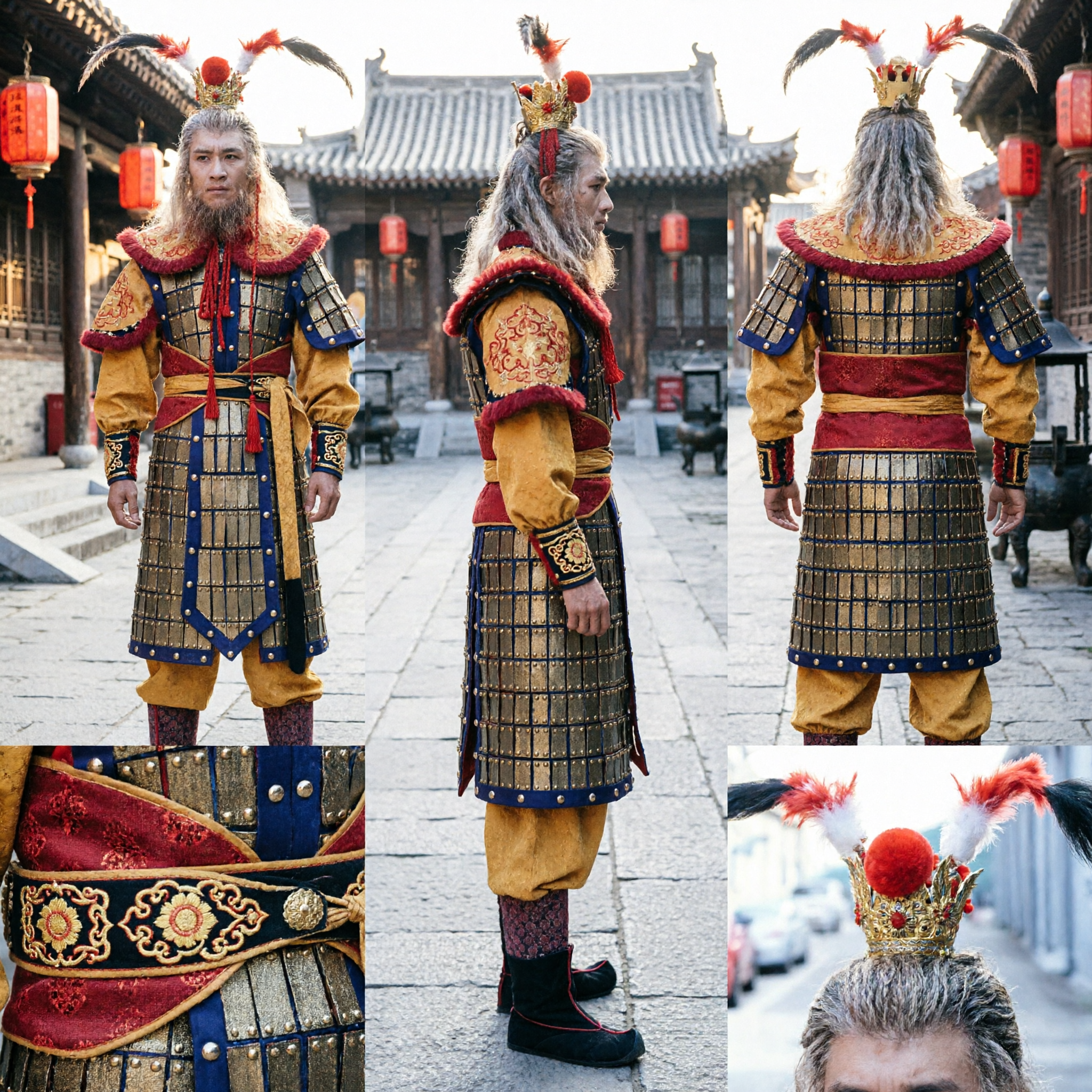 Traje de Armadura de Ópera Chinesa Tradicional do Rei Macaco Sun Wukong com Penas de Faisão para Performance no Palco para Adultos - Asian Costume