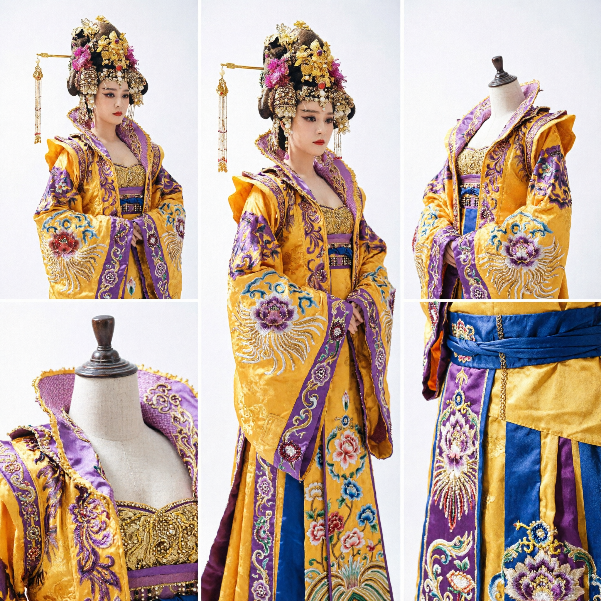 Acessórios de Cabelo de Imperatriz da Dinastia Tang Chinesa Antiga Diadema Floral Dourado com Hairpin de Franja Longa para Traje Hanfu - Asian Costume