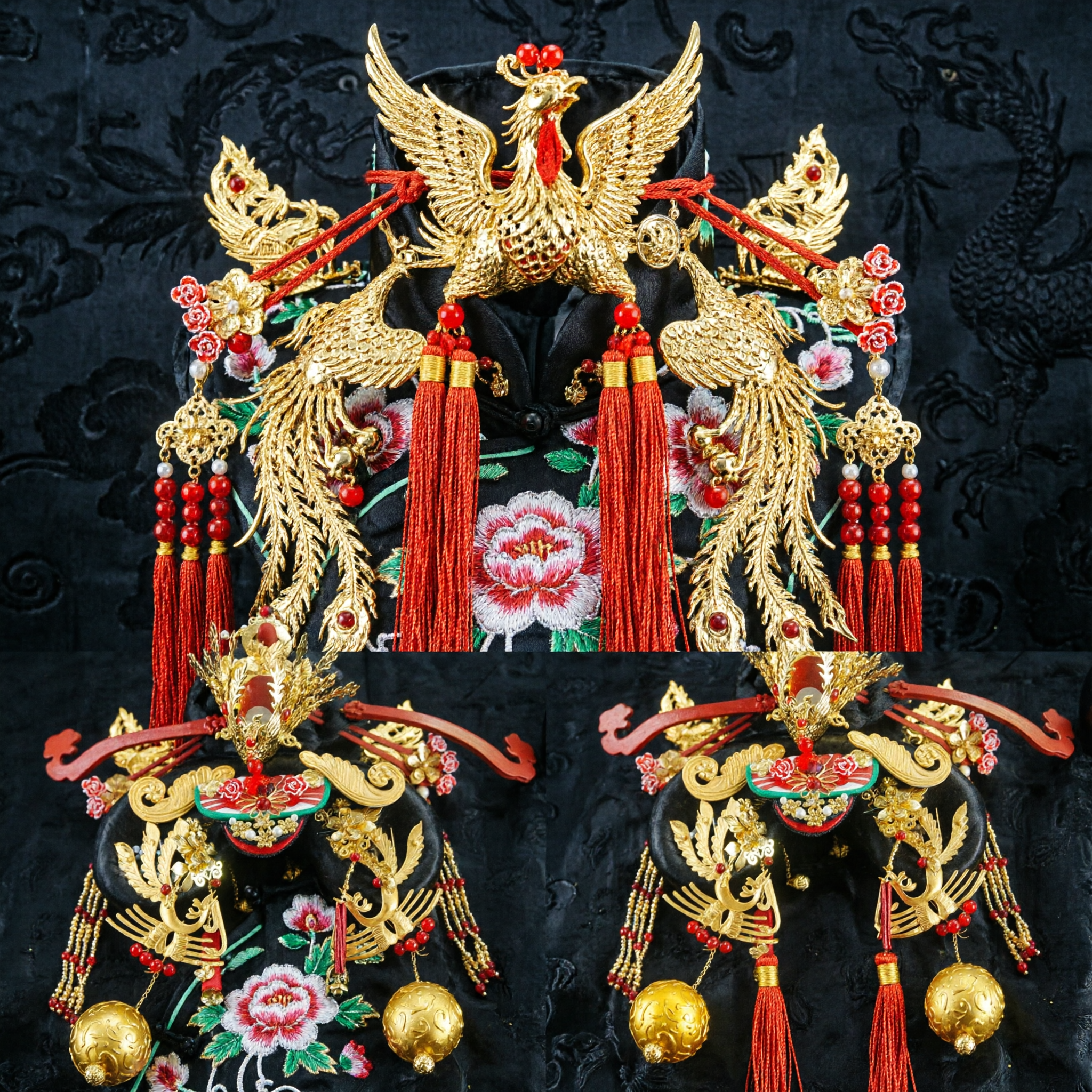 Traditionelle chinesische Phönix-Krone Kopfschmuck für Peking-Oper Hochzeitsbraut Gold-Rote Haaraccessoires mit Perlen - Asian Costume