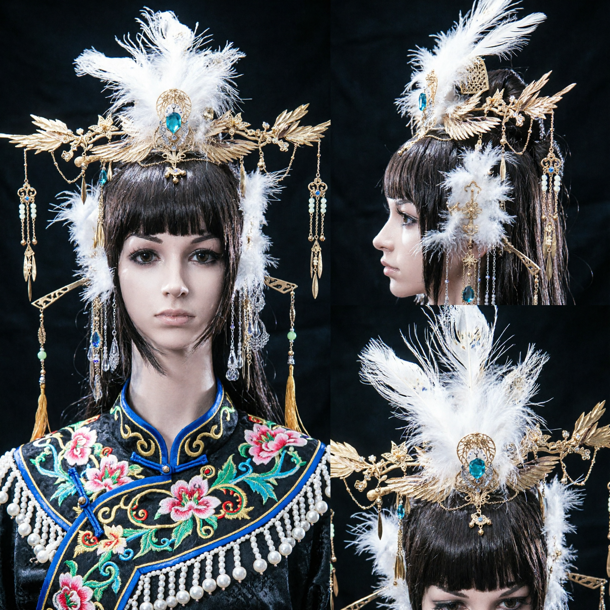 Traditionelle chinesische Phönix-Kronen-Kopfschmuck mit weißen Federn und goldenen Flügeln für Hanfu-Cosplay und Brautkostüm - Asian Costume