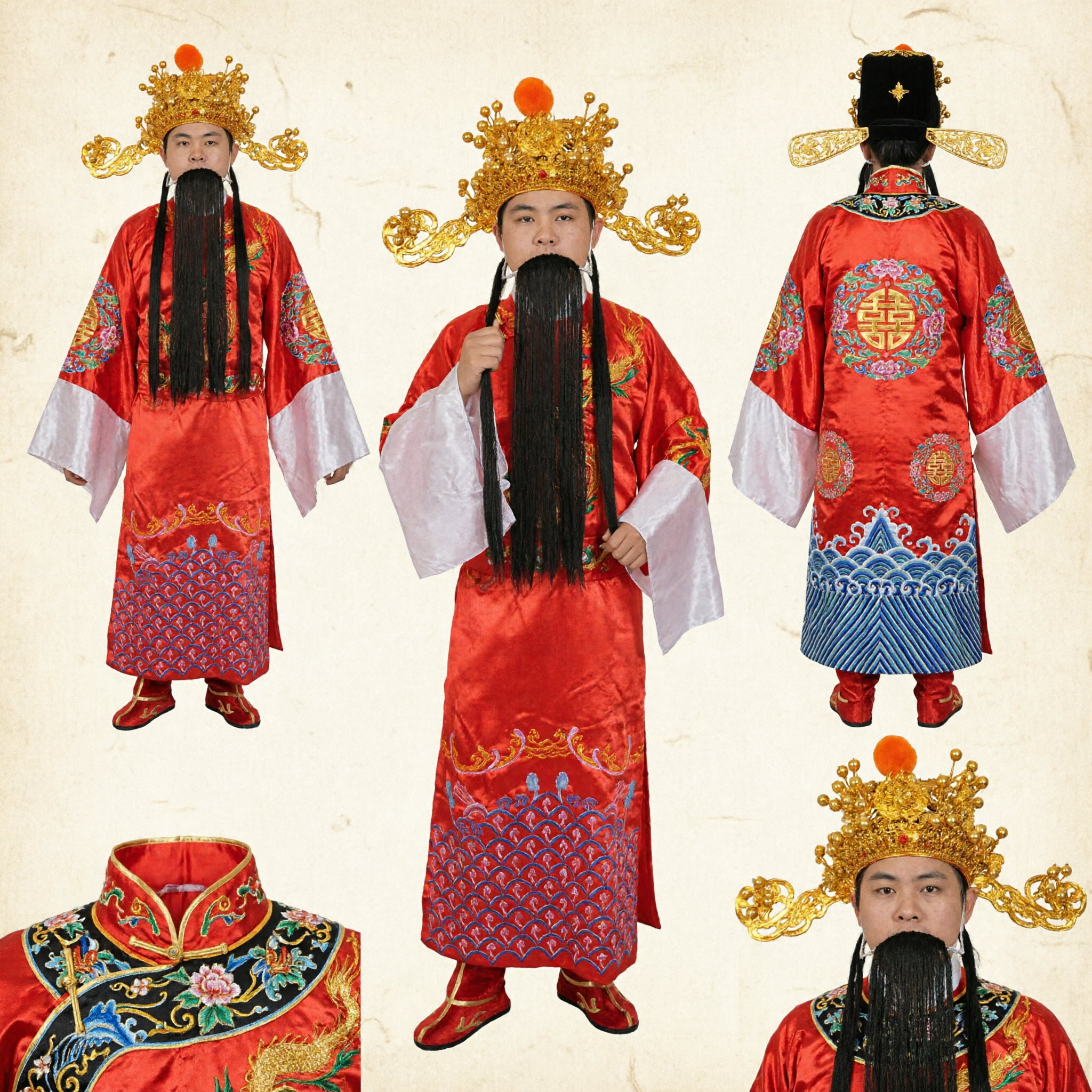 Traje Tradicional Chinês de Imperador para Homens, Robe Vermelho com Dragão, Coroa e Barba para Performance no Palco - Asian Costume
