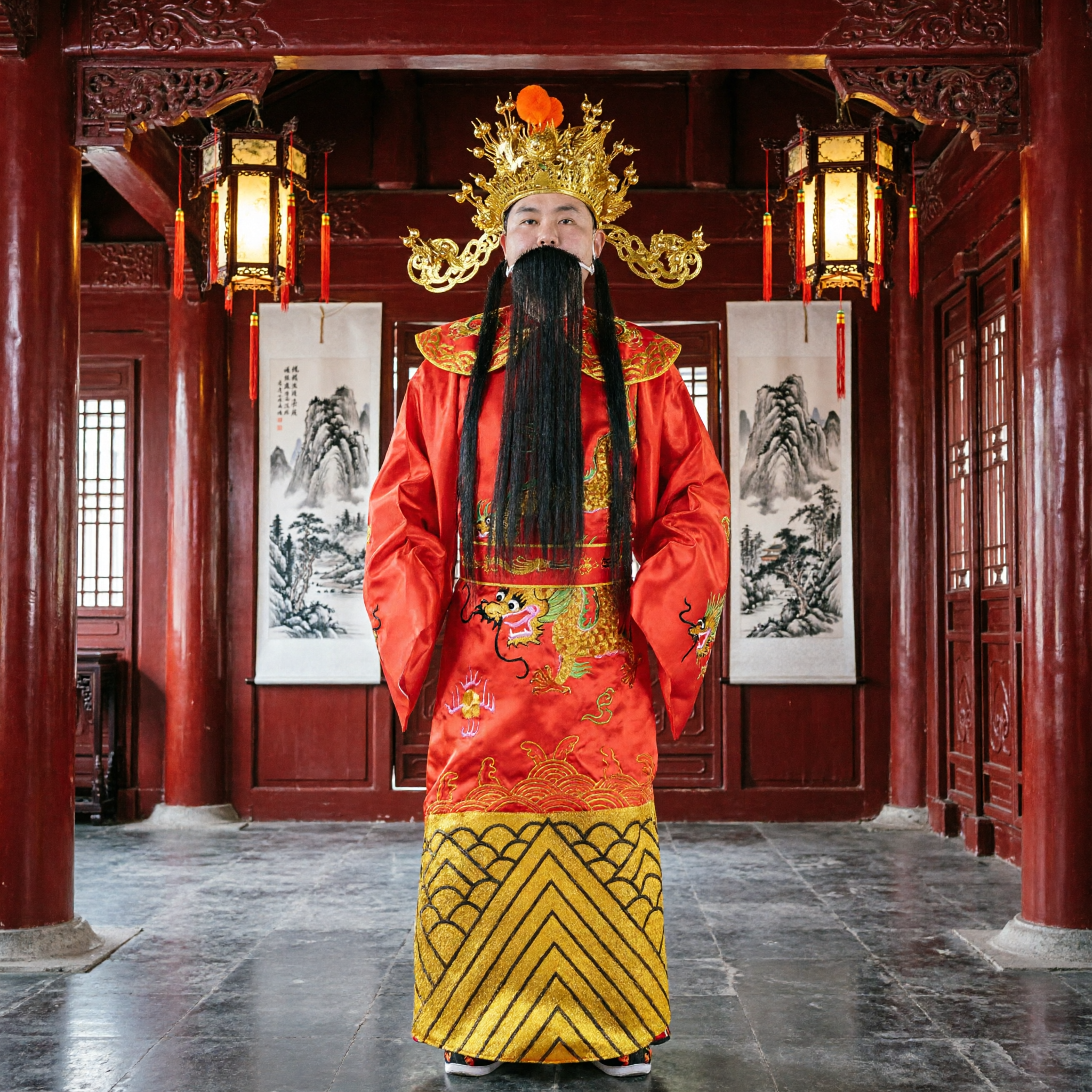 Traditionelles chinesisches Gott des Reichtums Caishen Kostüm Männer Roter Drachenmantel Kaiser-Outfit für Mondneujahr - Asian Costume