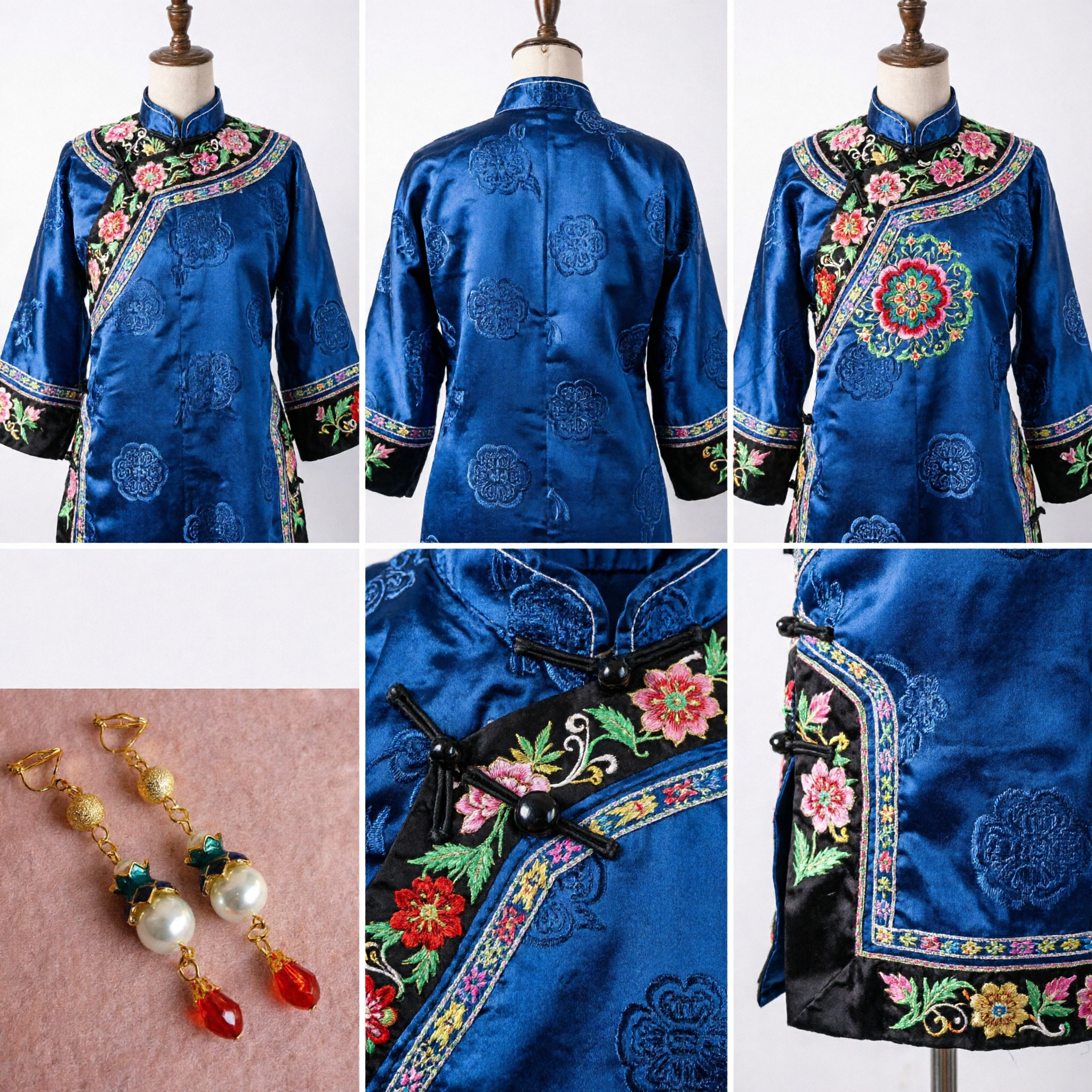 伝統的中国古代風 クリップオンイヤリング 金・真珠・赤水晶ドロップ 漢服ウェディングアクセサリー - Asian Costume