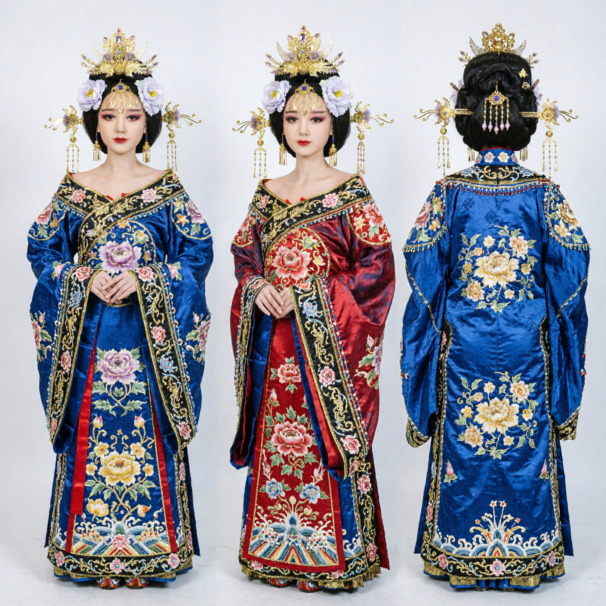 Starożytny chiński zestaw akcesoriów do włosów z koroną feniksa z fioletowymi kwiatami i frędzlami do ślubnego cosplayu Hanfu - Asian Costume