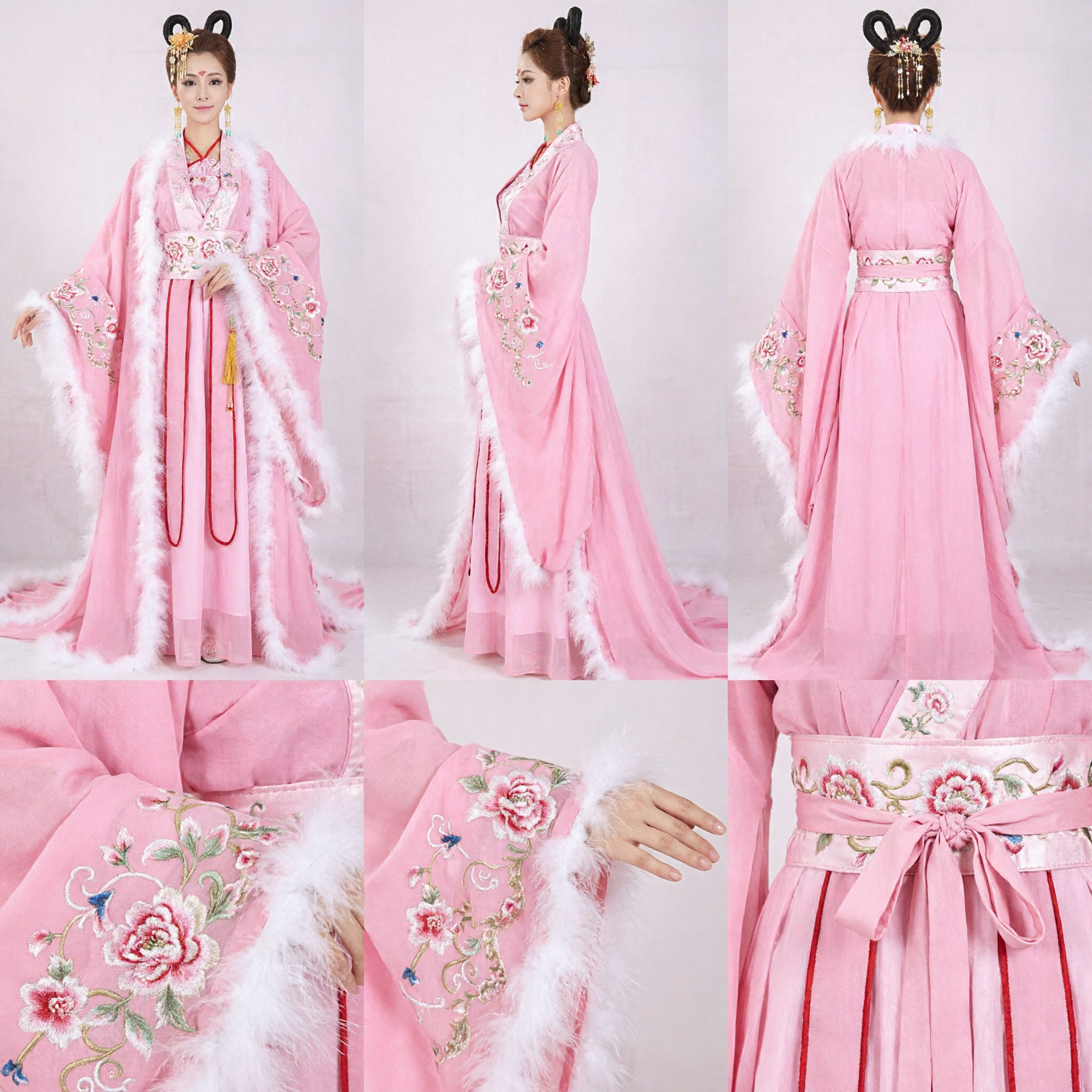 Traje Hanfu Rosa Elegante Tradicional Chinês com Aplicação de Pele Branca para Mulheres, Cosplay Antigo - Asian Costume