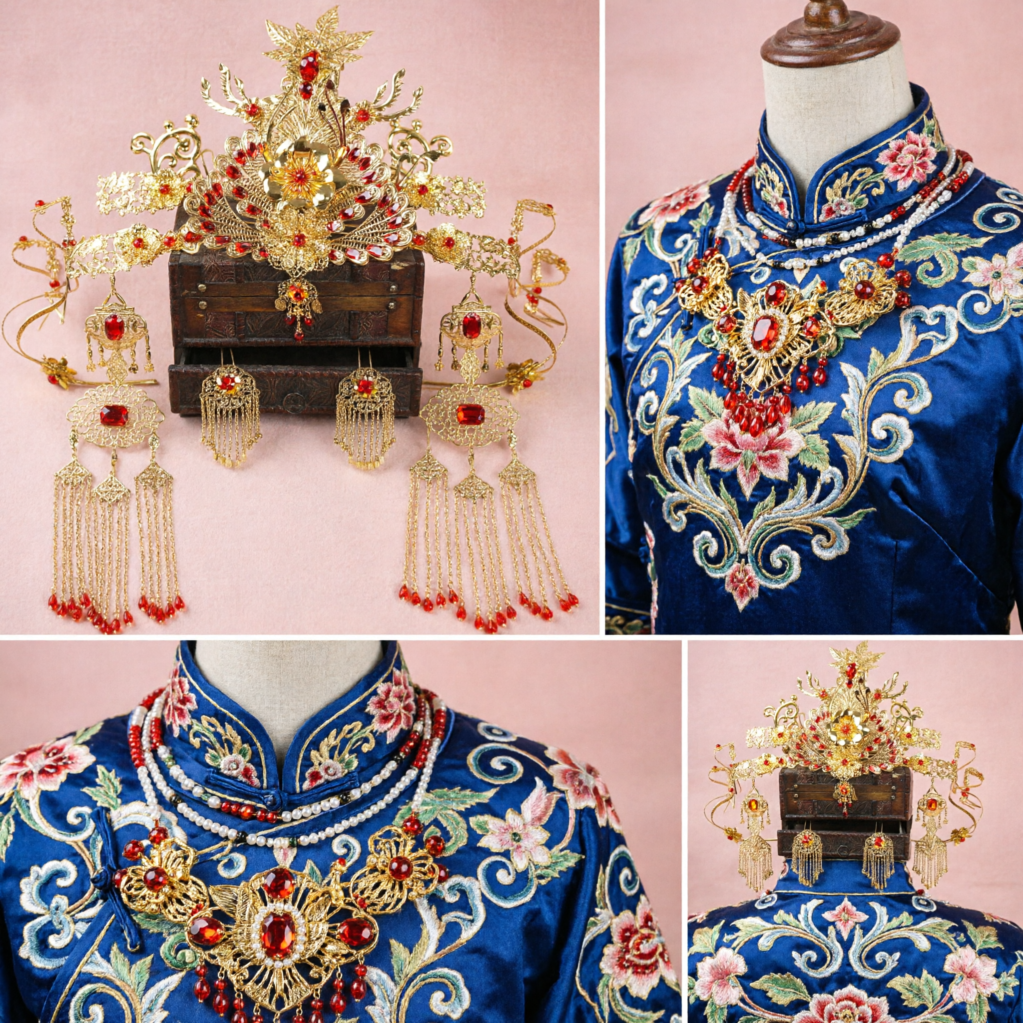 Conjunto de Acessórios de Cabelo Coroa de Fênix Dourada de Casamento Tradicional Chinês com Franjas e Brincos para Noiva Hanfu - Asian Costume