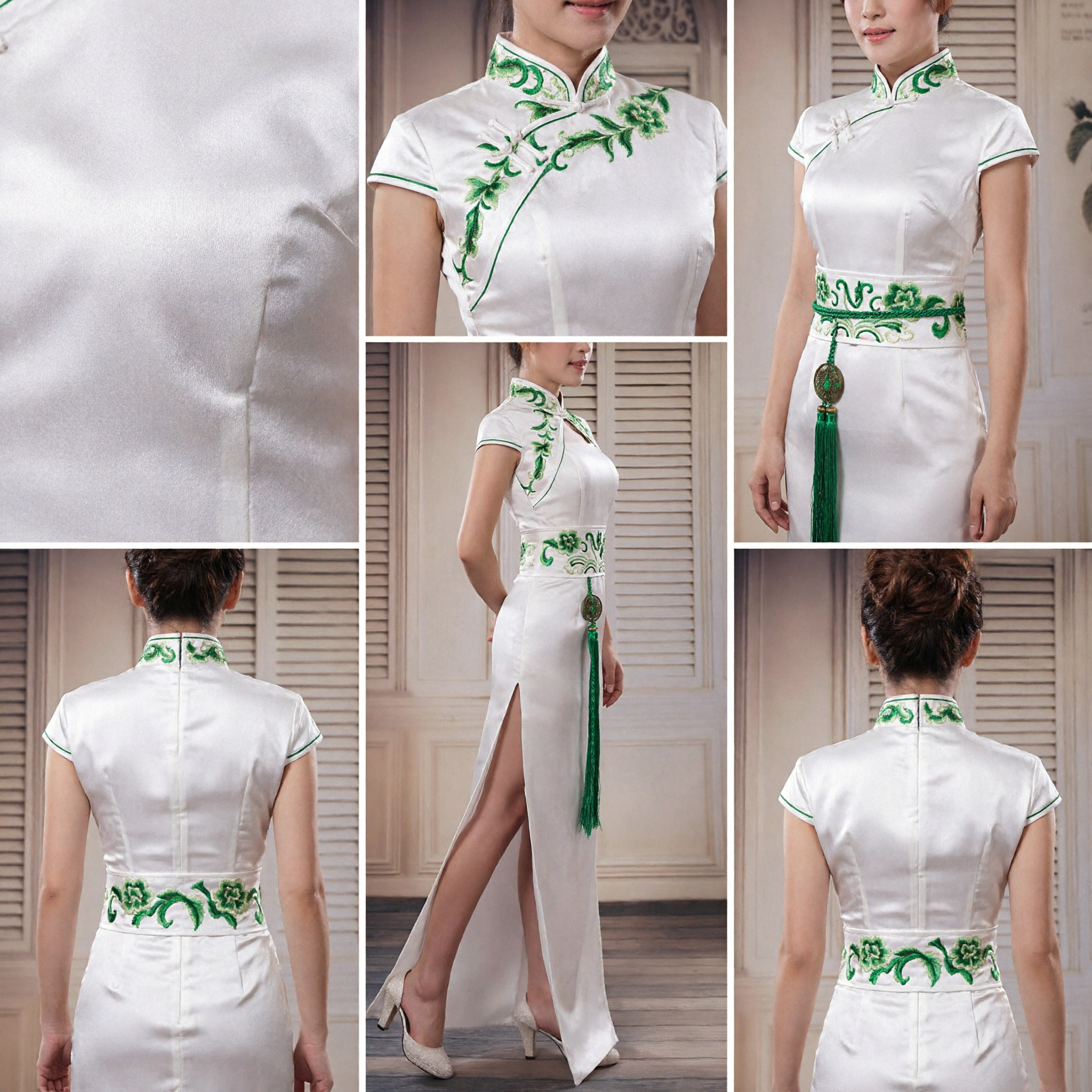 Robe Qipao longue blanche élégante avec broderie verte, Cheongsam traditionnel chinois pour femmes pour banquet de mariage - Asian Costume