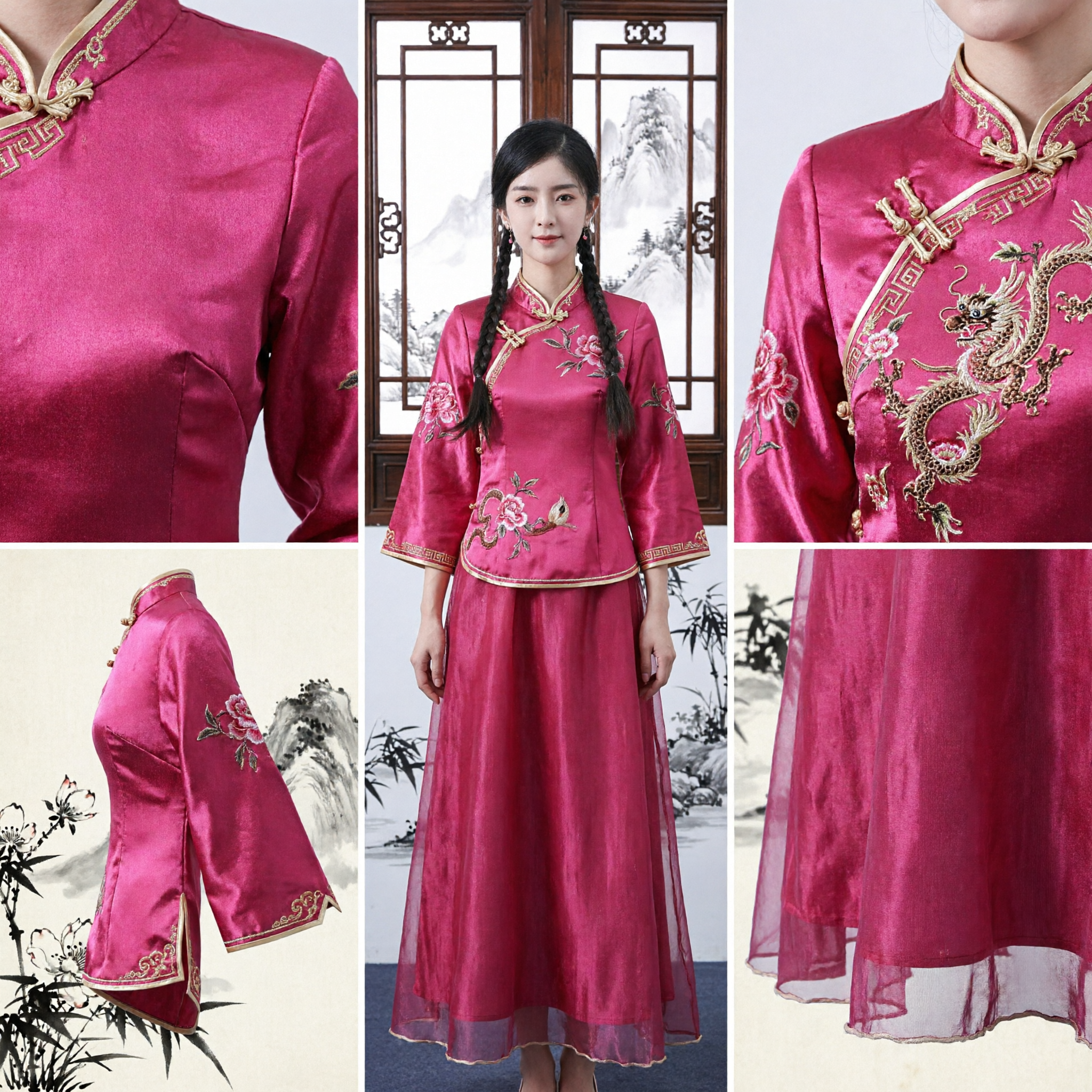 Ensemble traditionnel chinois pour femmes, veste Tang Suit magenta et jupe longue pour festivals et performances - Asian Costume
