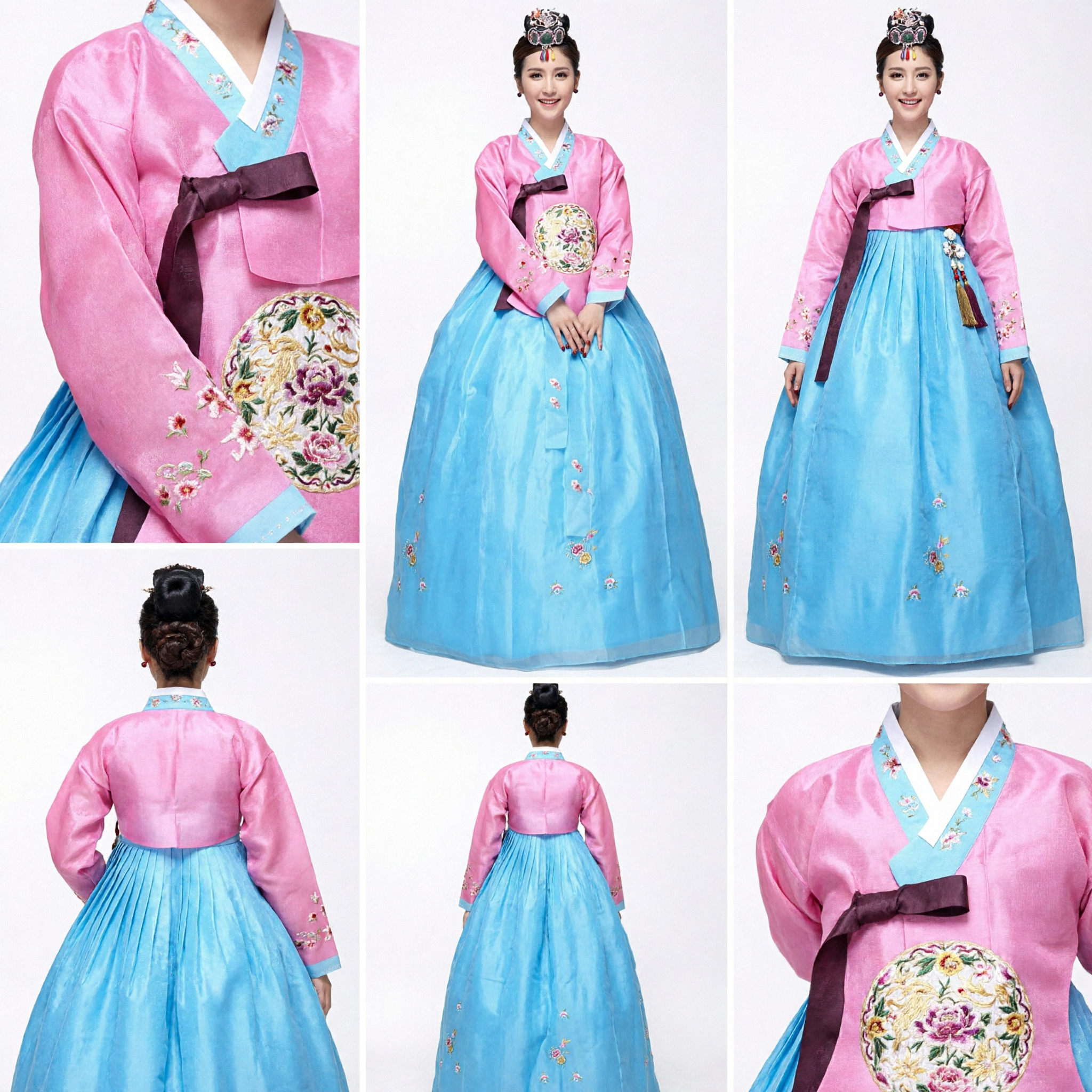 Hanbok Coreano para Mujer Bordado Jeogori Rosa y Chima Azul Vestido de Palacio para Bodas y Ocasiones Especiales - Asian Costume