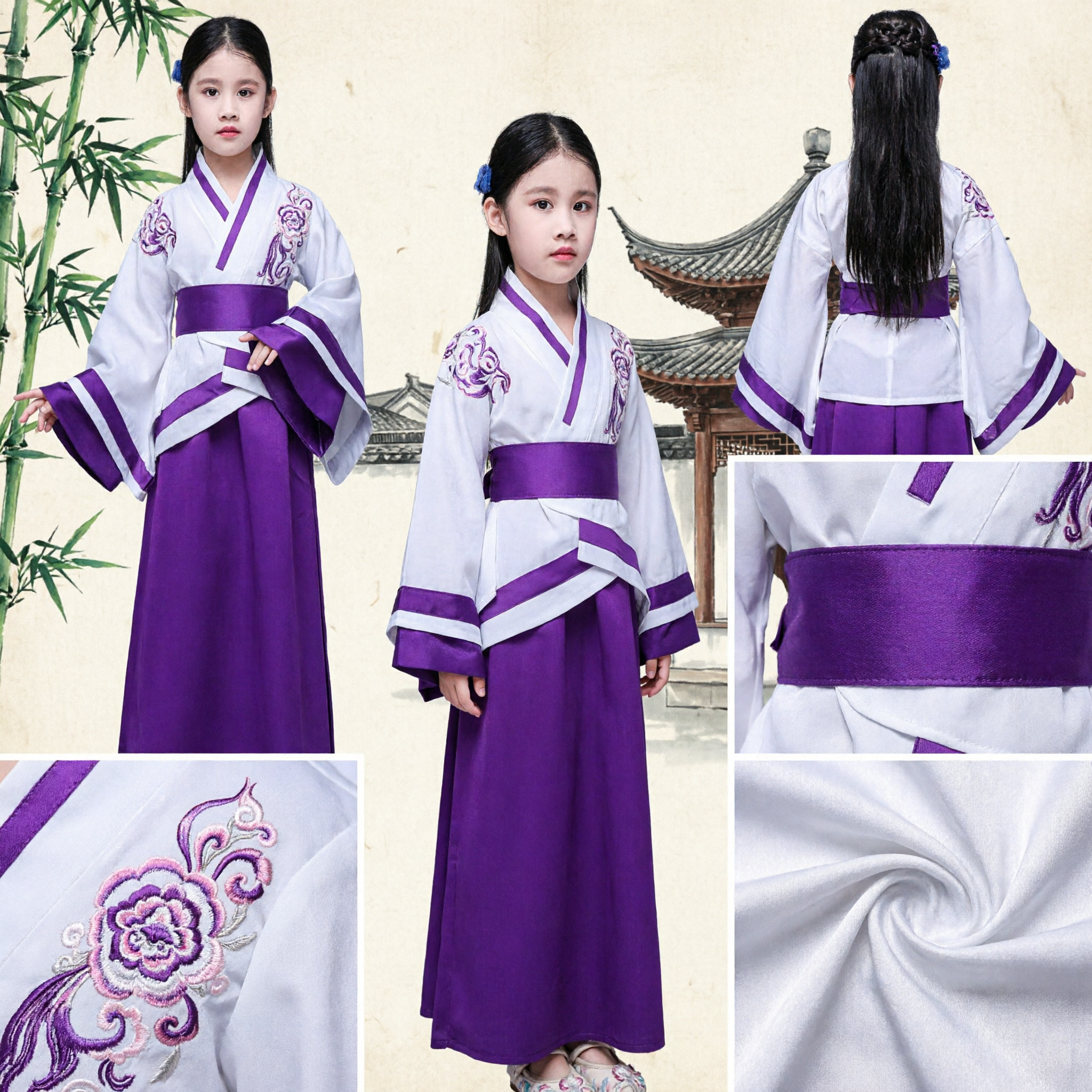 Traje Tradicional Hanfu Chino para Niñas Vestido Antiguo Púrpura y Blanco Ropa de Actuación Infantil - Asian Costume