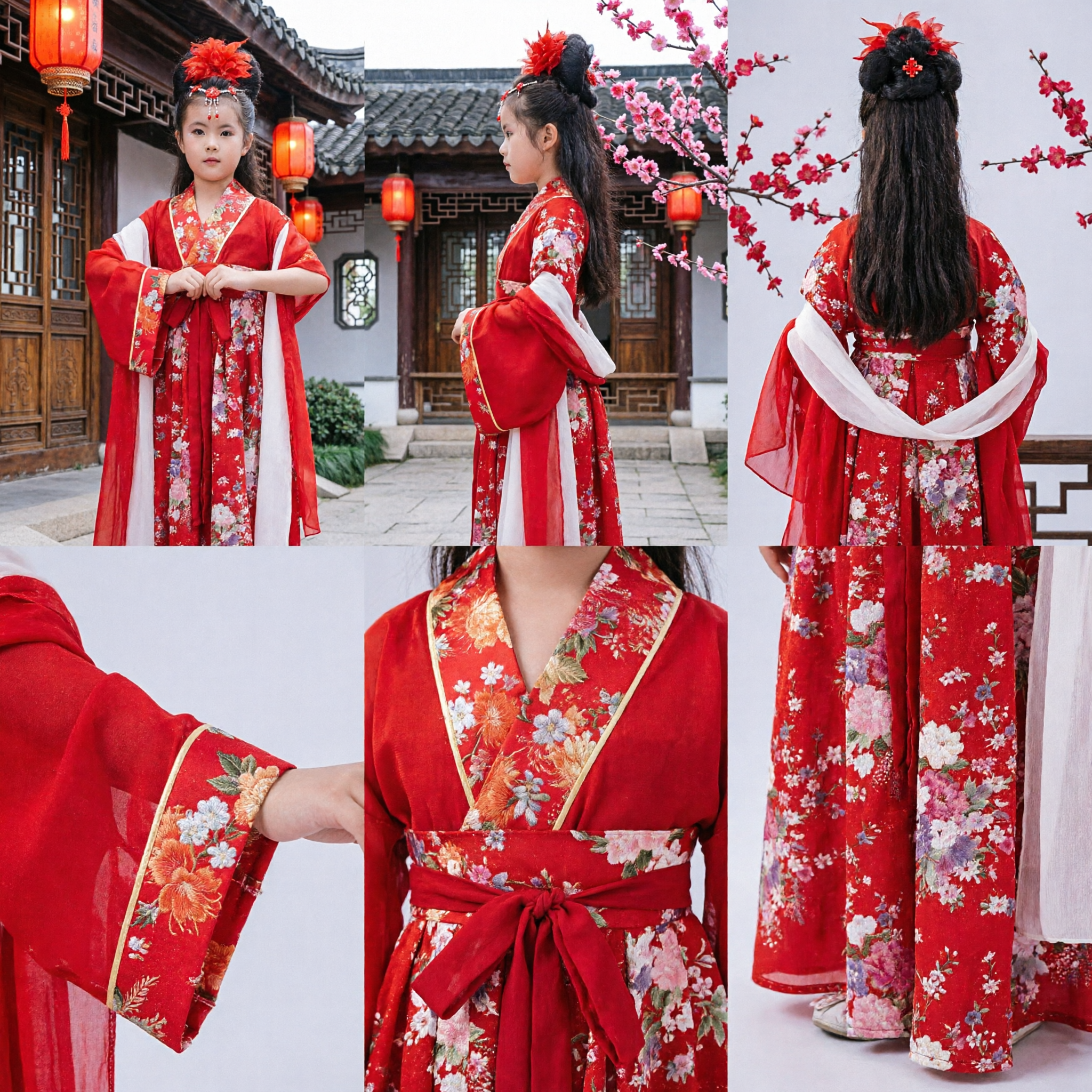 Robe de palais Hanfu de la dynastie Tang traditionnelle chinoise pour enfants, costume floral rouge pour filles, danse et spectacle - Asian Costume
