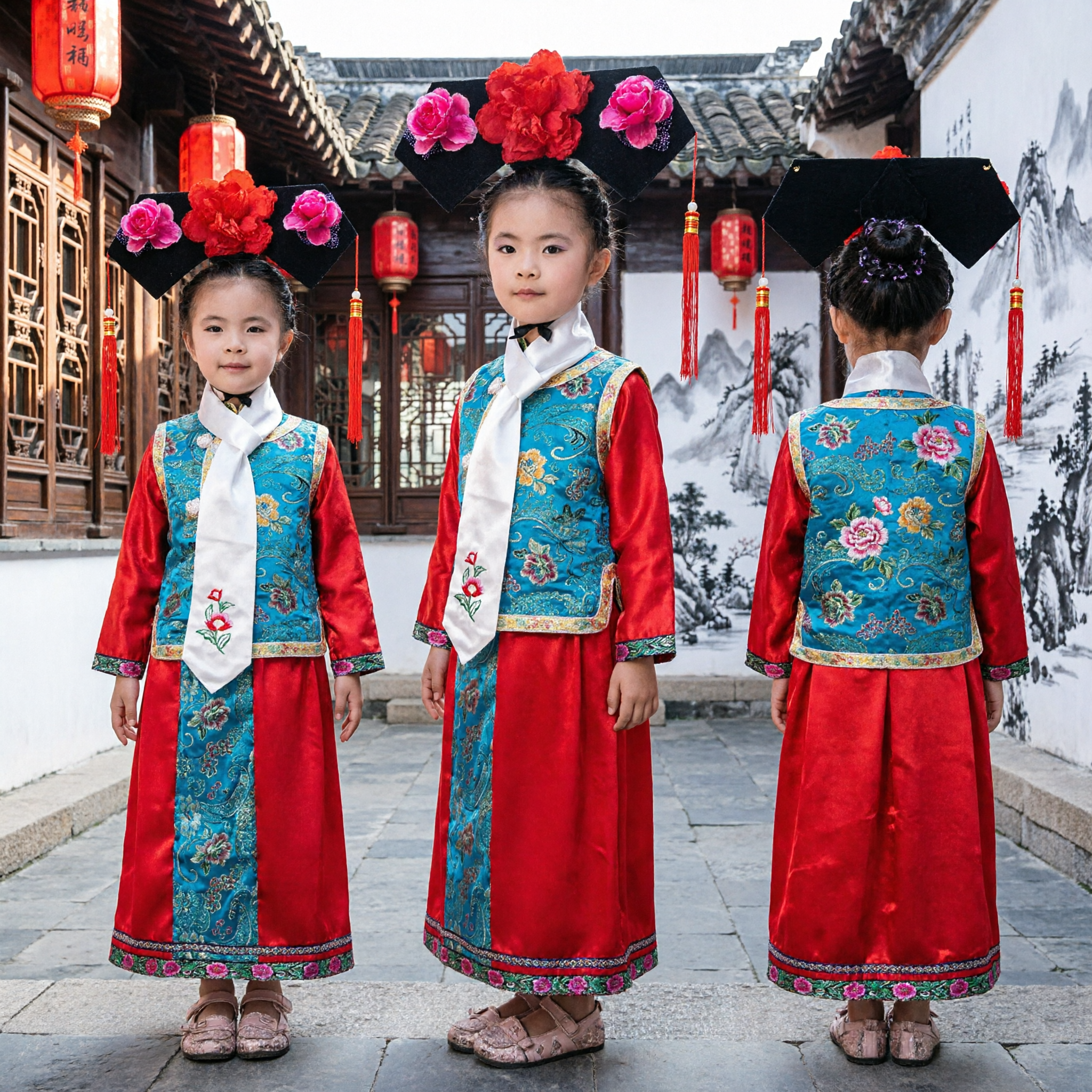 Kinder Mädchen traditionelles chinesisches Qing-Dynastie Mandschu-Prinzessinnen-Kostüm - Antikes besticktes Kleid für Bühnenaufführung und Cosplay - Asian Costume