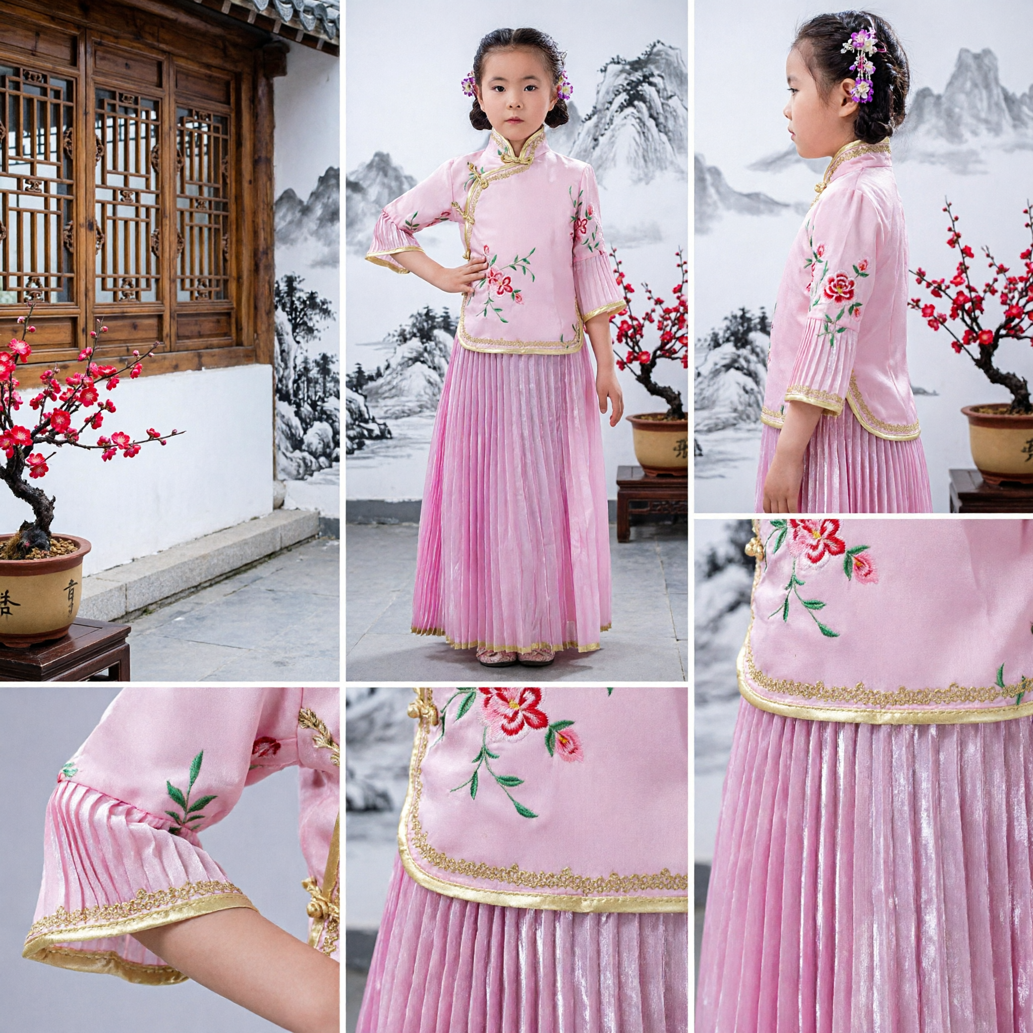 Robe Cheongsam traditionnelle chinoise rose pour filles, costume brodé pour danse folklorique et spectacle, ensemble complet - Asian Costume