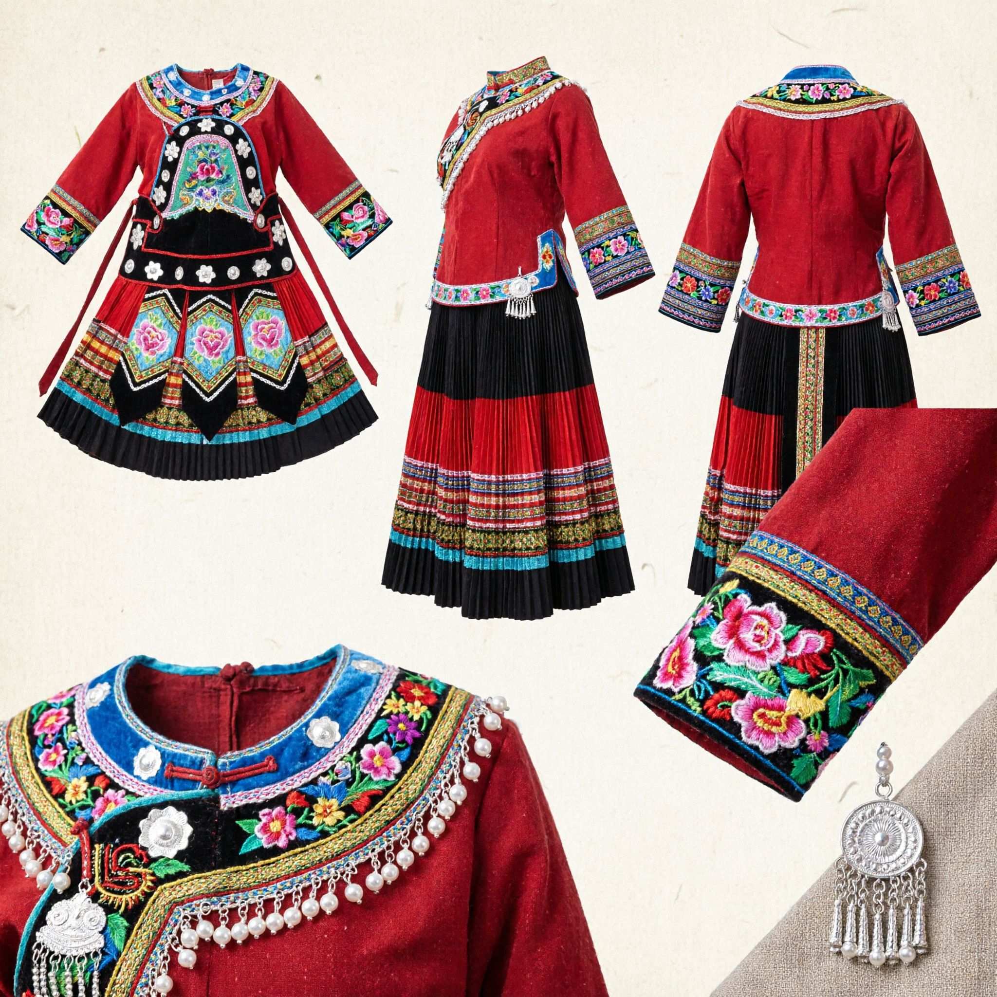 Traje Étnico Tradicional Chino Miao Conjunto de Top Rojo Bordado, Falda Negra y Joyería de Plata para Mujer para Danza Folclórica - Asian Costume