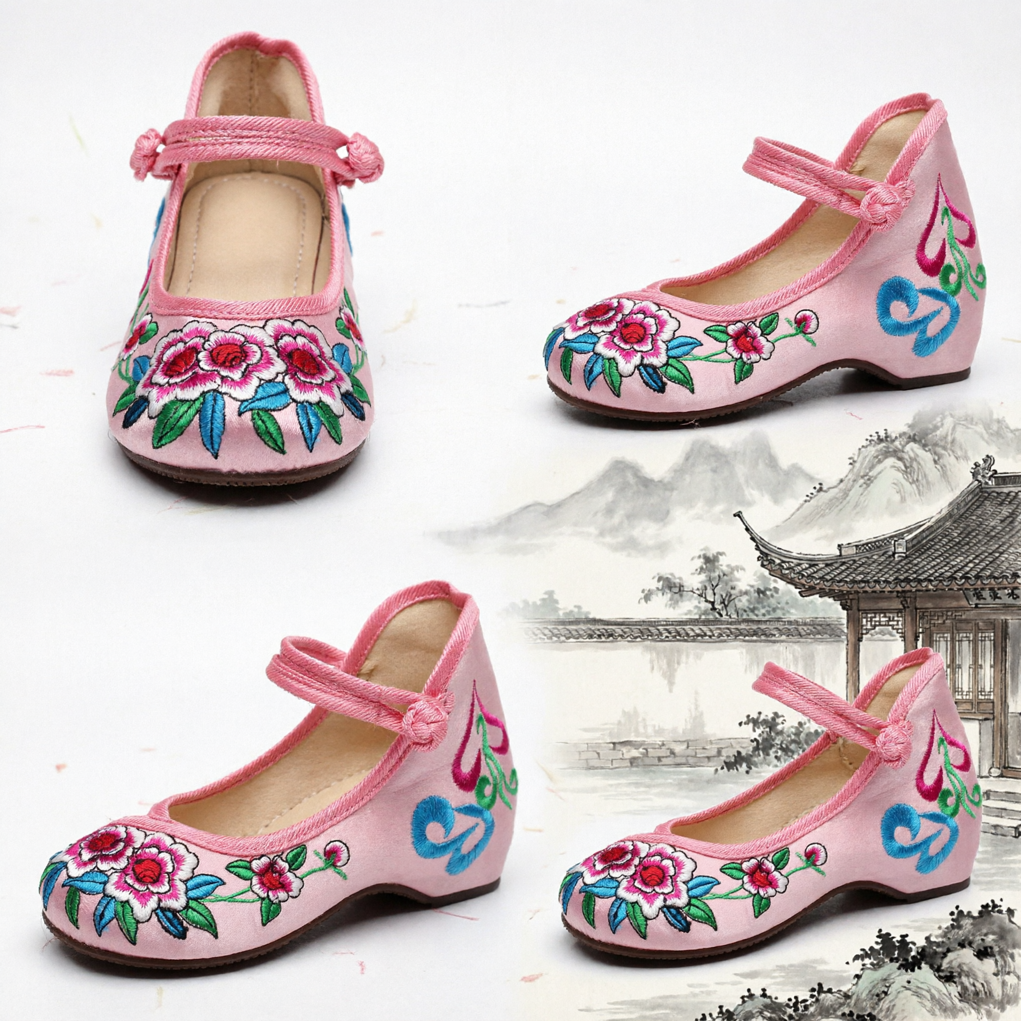 Zapatos Hanfu Tradicionales Chinos Bordados Rosa para Mujer Calzado de Tela Vintage con Tacón de Cuña para Vestido Qipao - Asian Costume