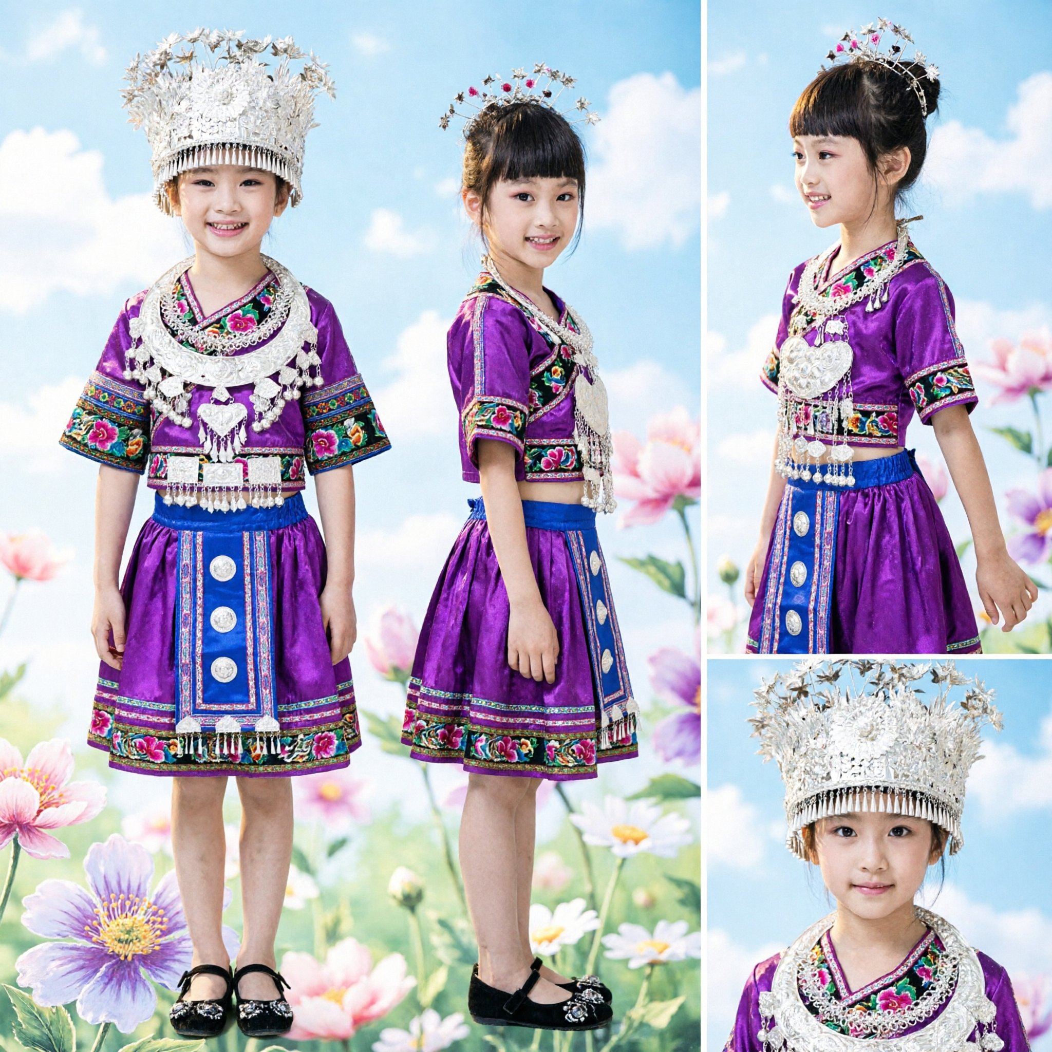 Costume ethnique traditionnel chinois Miao pour filles, ensemble robe violette brodée et coiffe en argent pour enfants, danse folklorique - Asian Costume